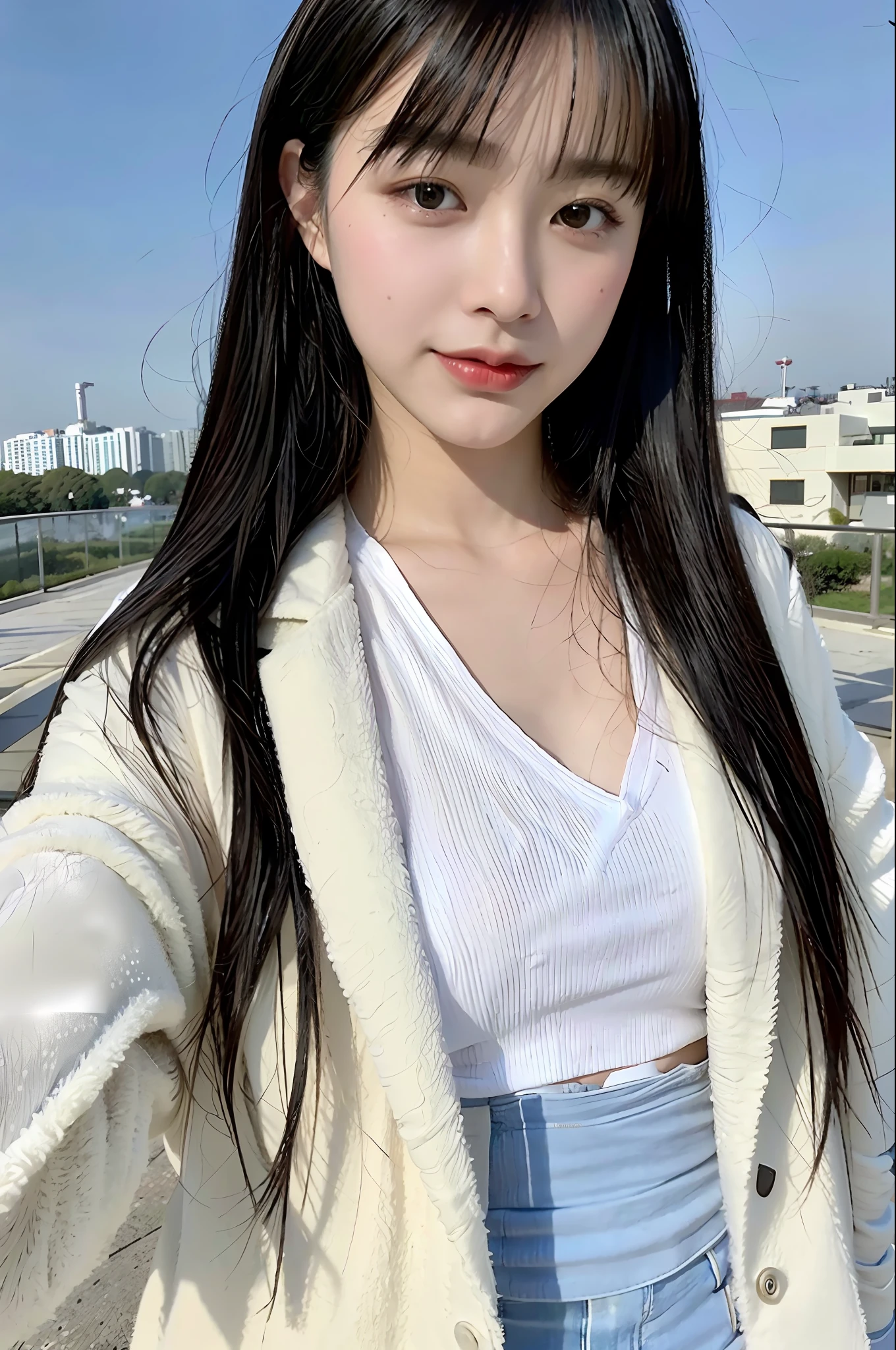 (8k, RAW photo, best quality, masterpiece:1.2), yjnn, 1girl, 3d, black hair, building, city, coat, looking at viewer, realistic, shirt, solo,(realistic, photo realistic:1),
