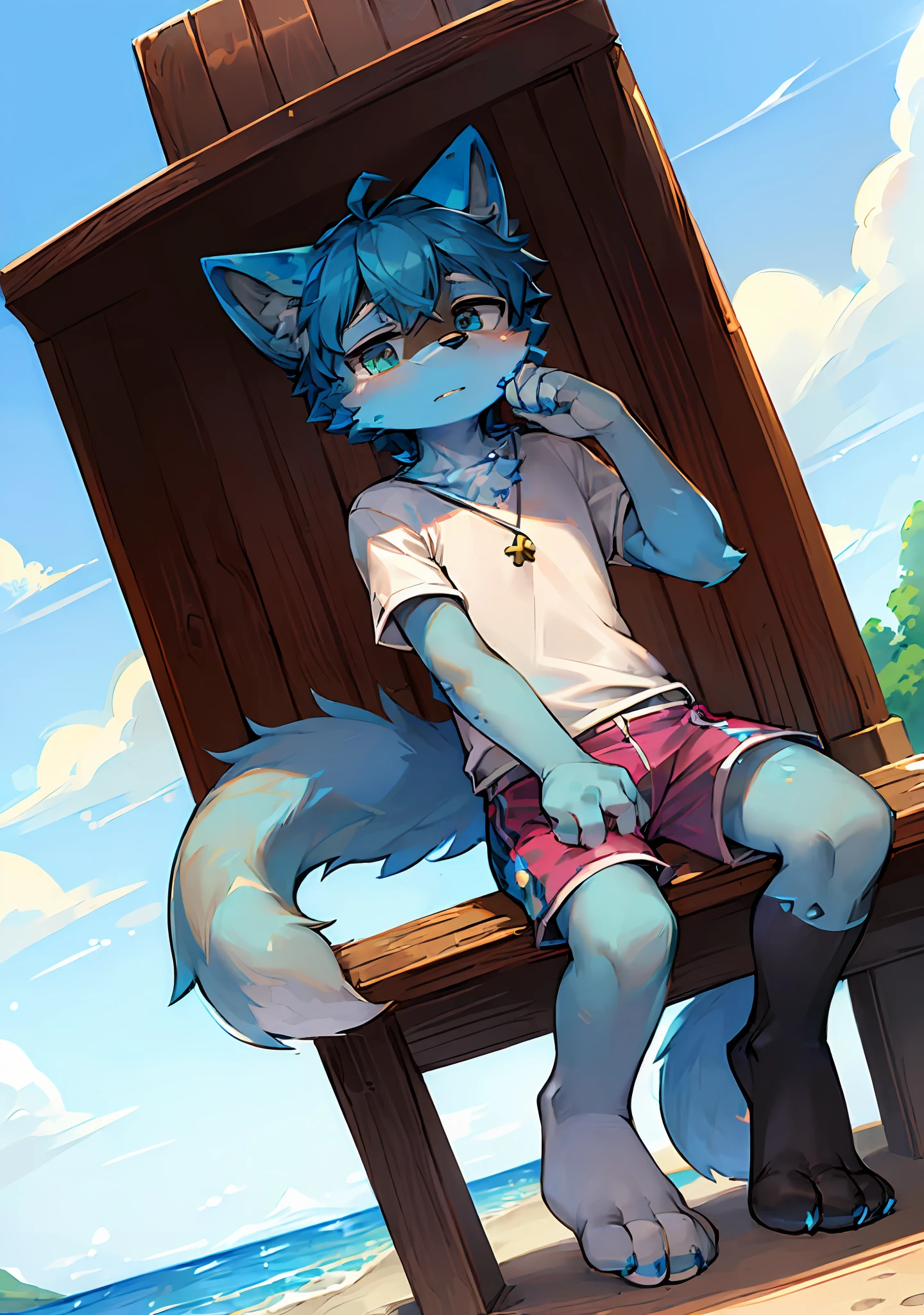 \Bai\Ze\Biao\Zhun\Mu\Ban\,A six-year-old cud sitting on the beach,ahoge,furry,(Sitting on the beach:1.1),(A panoramic view of the outdoors:1.2),Juvenile,ahoge,Children with bells,furry,(White clouds blue skies and strong sunshine in summer:1.2),Big fluffy tail,(A six-year-old boy:1.21),(Not a spot on the whole body:2.0),Short blue hair,(Covered in blue fur:2.0),(Blue cat ears:1.3),Meat Pad Pink,(White shorts,White shirt,furry:1.5),The size of the cat,Juvenile,Skinny body type,(1boy:1.4),cat boy,(cub,full body,masterpiece,ultra detailed:1.1),ultra cute face,perfect lighting,blush,White clothes,looking at viewer,ultra detailed fur