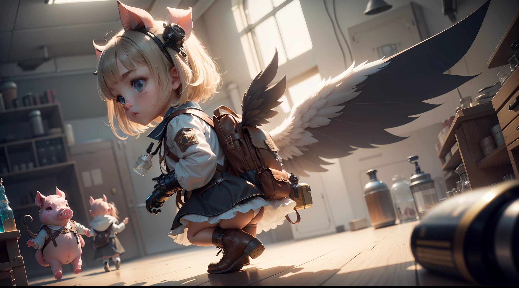 /imagine prompt: illustration of A is holding a backpack with wings, and a little pig is putting on a flying backpack ,A beautiful little girllong pig ears::15, A flying backpack with long wings::15, The laboratory is messy::11, rule of thirds composition::5, profle::10, Unreal Engine::10, beautiful lighting::10, Dramatic light::8, Cinematic light::12, Fantasy::12, hyper quality::5, Futuristic laboratory::10, Steampunk::13, cinematic::6 --seed 33434521 --s 400 --q 2 --c 40