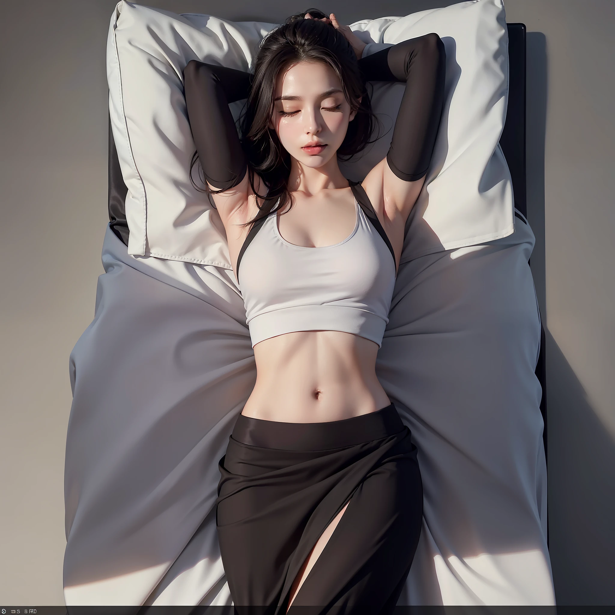 (Wednesday adams: 3.0), (thin body), (tank top: 1.3), (skirt: 1.3), (sleeps in bed: 2.0), (lies in bed: 1.5), (eyes closed), (groin: 1.7), (inguinal tendon: 1.5), (focus on face), (beautiful mouth), collarbone, belly button, natural light, extremely detailed, 8yk, raw photo, high level of detail, (ray tracing), (masterpiece), (best quality), high resolution, (realistic: 1.4), physically based representation, ultra-realistic, full body --auto --s2