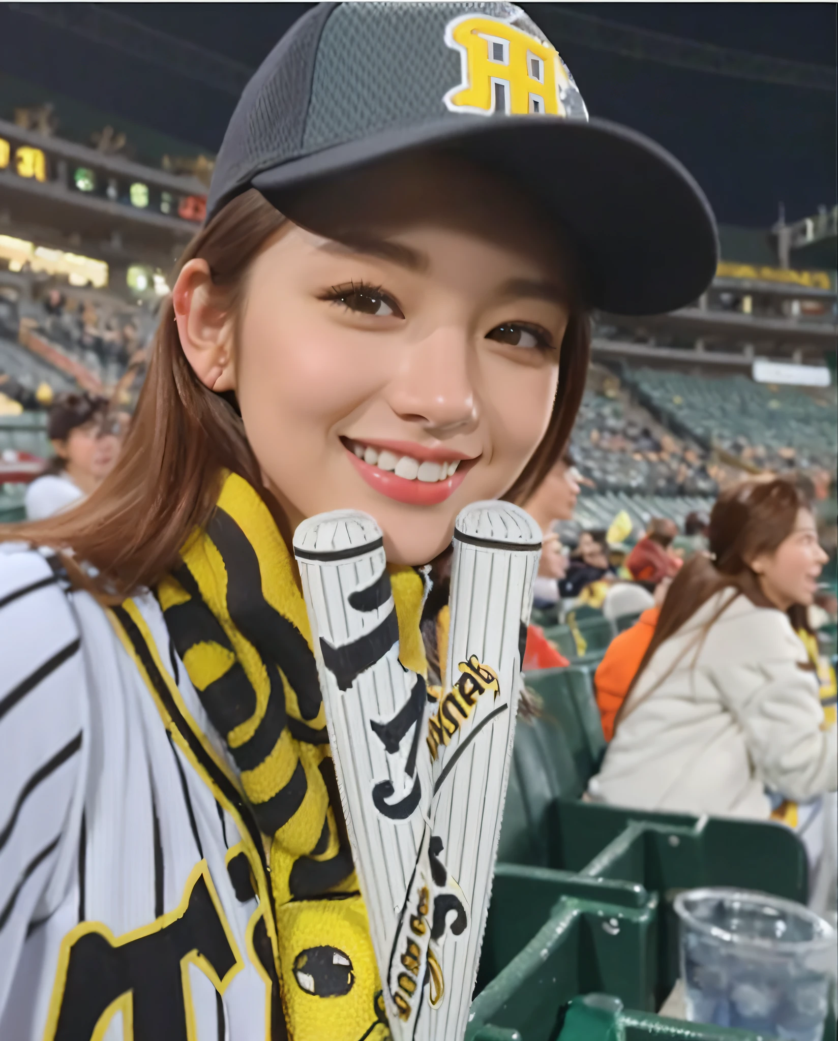 ((Night Scene, Realistic Light, Best Quality, 8K, Masterpiece: 1.3)), 1 Girl, Slim Body Beauty: 1.4, (Brown Hair, Middle Breast: 1.3), Off-Shoulder Cut Top: 1.3, Super Detailed Face, Detailed Eyes, Double Eyelids, Hanshin Tigers Cheering, Koshien Stadium Spectator Seats