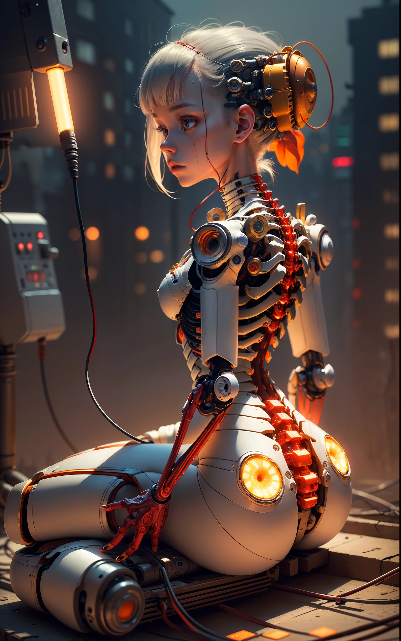 (((masterpiece))), (((best quality))), ((ultra-detailed)), (highly detailed CG illustration), ((an extremely delicate and beautiful)),(from side),cinematic light,((1mechanical girl)),solo,half body,(machine made joints:1.2),((machanical limbs)),(blood vessels connected to tubes),(mechanical vertebra attaching to back),((mechanical cervial attaching to neck)),(sitting),expressionless,(wires and cables attaching to neck:1.2),(wires and cables on head:1.2)(character focus),science fiction,city background, extreme detailed,colorful,highest detailed,(face shadow (extra detailed,best performance)), laser eyes (detailed red))fire in holes of hands)