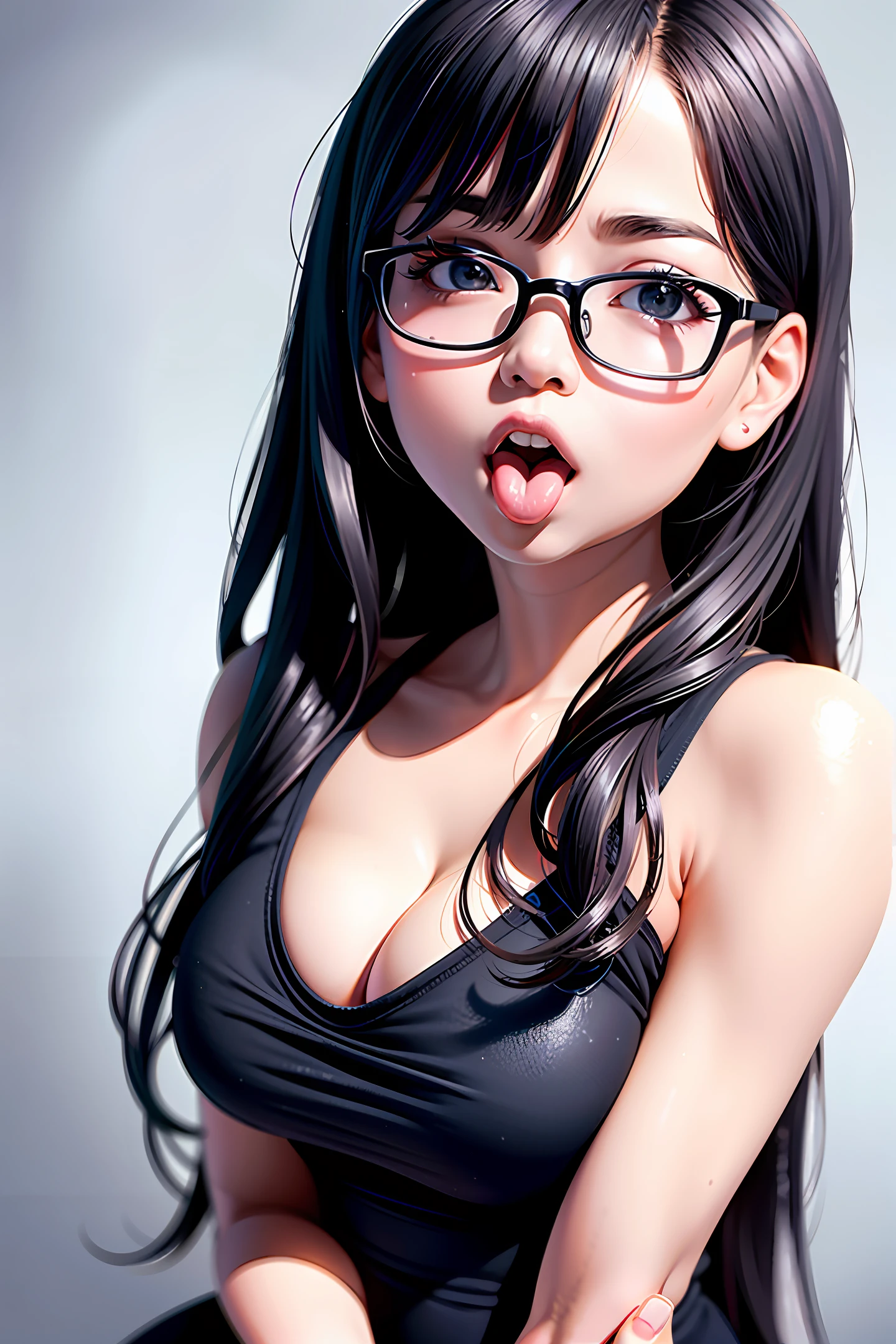 (8K, Best Quality, Masterpiece, Ultra High Definition: 1.2) Asian Real Woman, Black Hair, Big Eyes, (detailed_face), Round Glasses, Tight Shirt, Selfie, Big Photos: 1.3, Open Mouth, Tongue Out of Mouth, Sexually Aroused Face