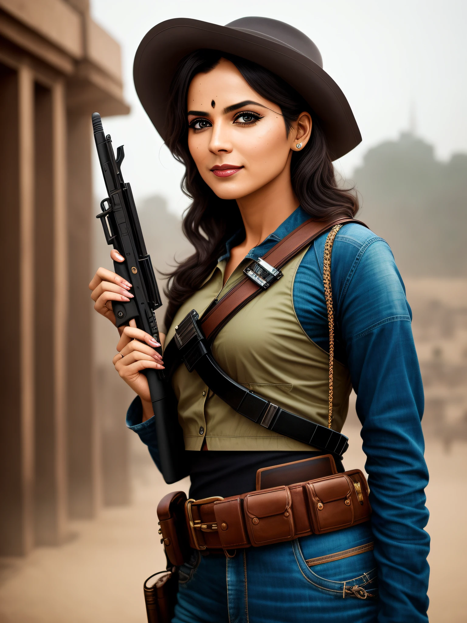 india, sci-fi, cowgirl, smile, gun_holster, high quality, detailed_eyes, full lens body photo, slender waistline, slender long legs, medium body, toned muscles, by Ed Blinkey, Atey Ghailan, Alphonse Mucha, Antonio Moro, popular on ArtStation, popular on CGSociety, complex, high detail, sharp focus, dramatic , photorealistic art by Midjourney and Greg Rutkowski, blade brush, eyeliner, long eyeliner