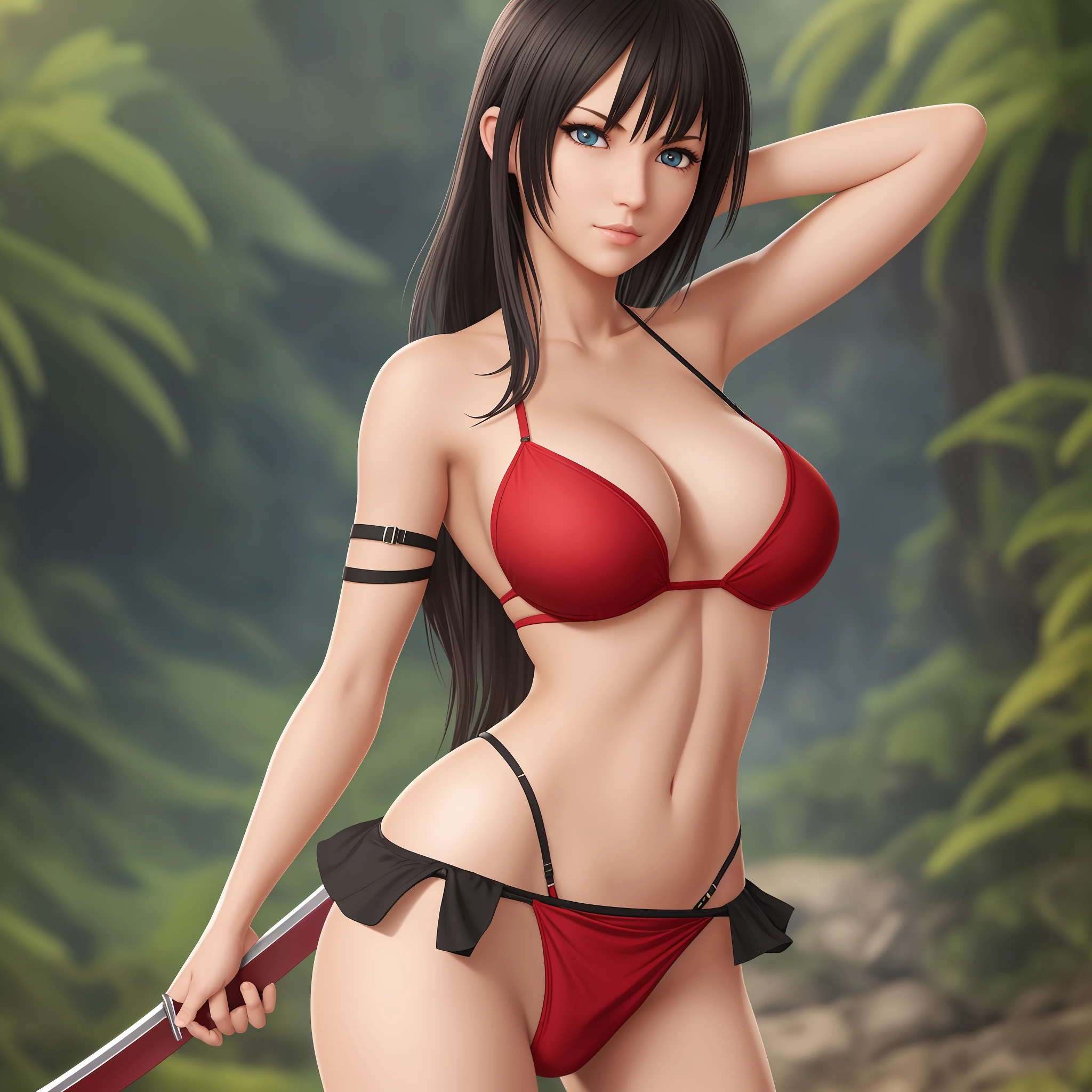 Realistic, 8k, 1girl, carrying a sword. Red bikini. greenish eyes. Caucasian ethnicity. lean body. medium breasts and ass. protruding breast beak. black hair. Short skirt. --auto --s2