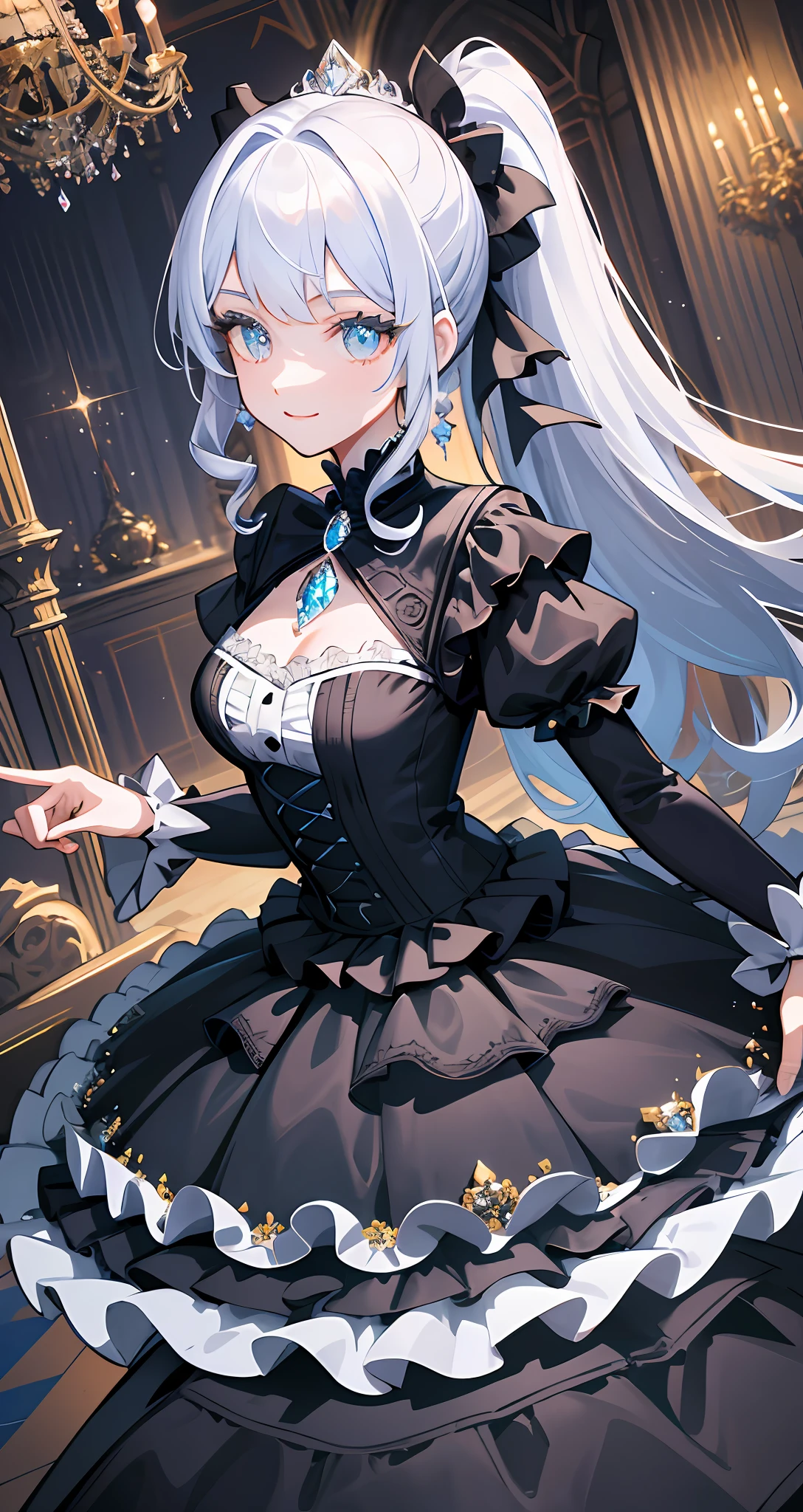 Dramatic composition, court-style dresses, royal, gorgeous, cascading frills, ruffles, bows, crystal chandeliers, Roman curly hairstyles, ponet, double ponytails like drills, look at the camera, bangs, maximalism, palatial background, delicate portrayal of hair and eyes, princess dresses, gorgeous skirts, flowers in hand, smiles, starry eyes, cinematic light, extreme detail, high definition, happy girl, very long hair, diamonds, broken diamonds, crystal fragments, light particles