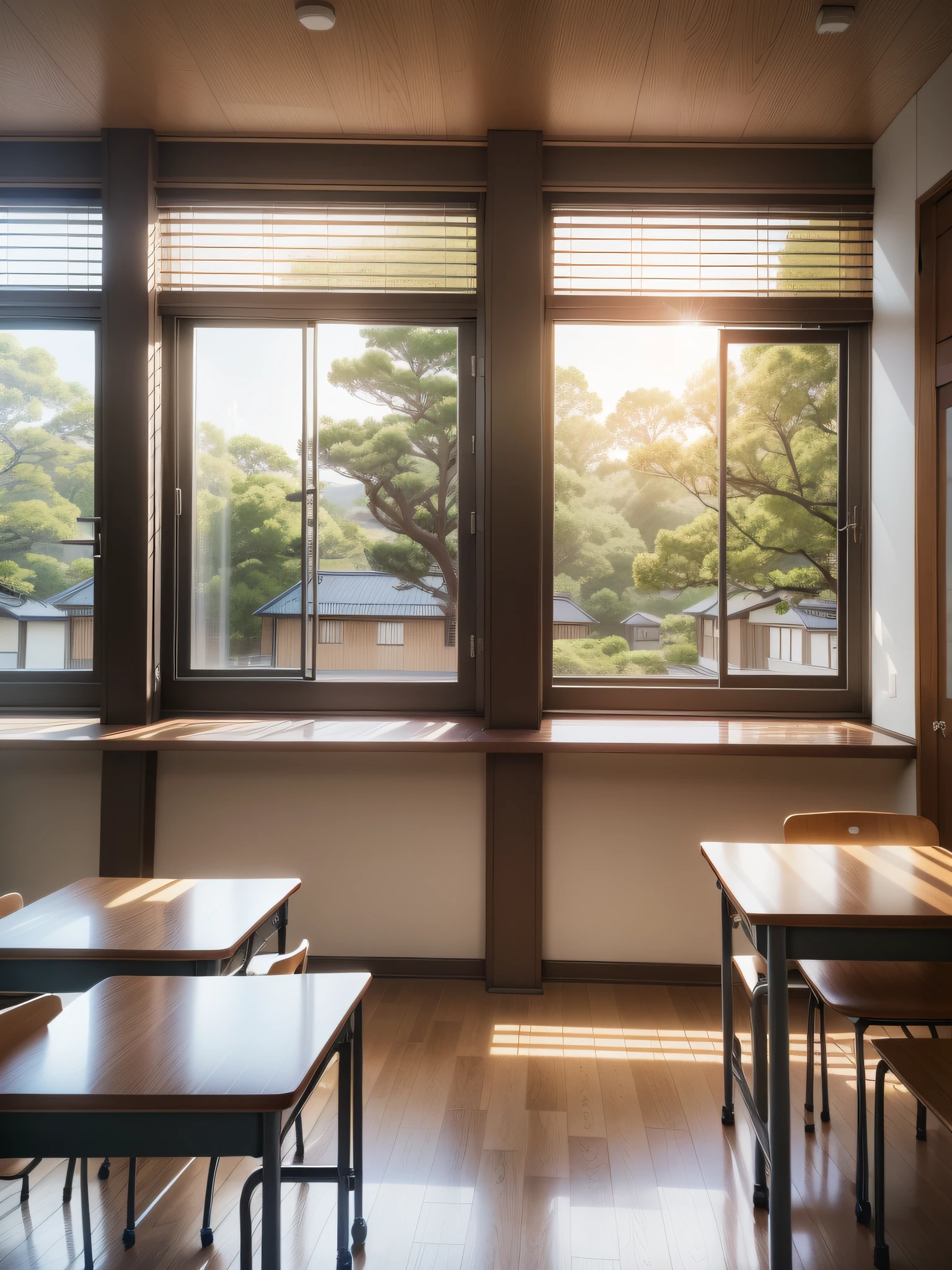 A study room, a classroom with large windows, tables, chairs and a blackboard for learning, bookshelves, a stack of notebooks on the teacher's desk, falling light in the morning, in the order of a Japanese school, books and notebooks, background