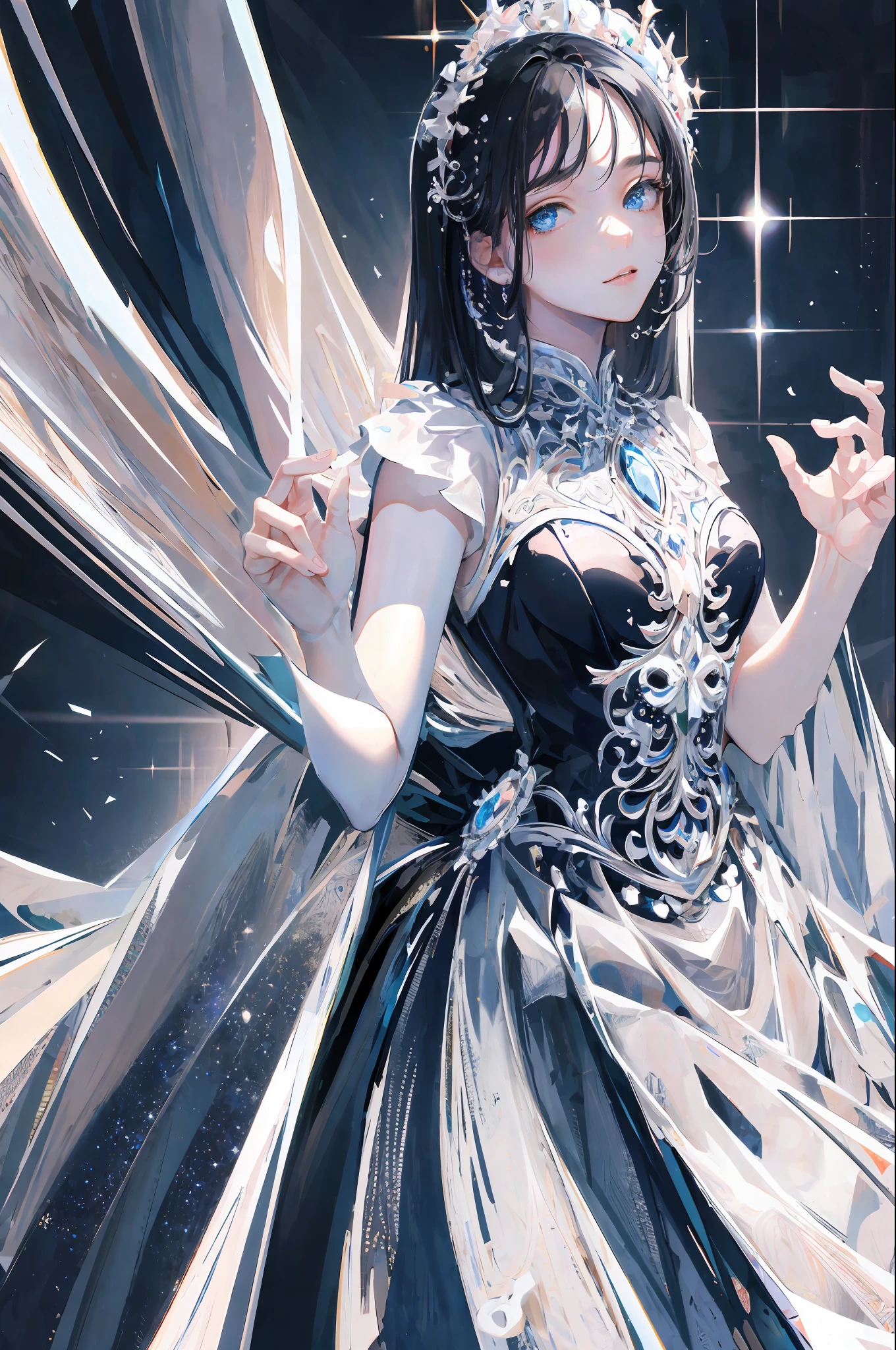 ((Masterpiece, Superb, Super Detailed, High Resolution)), solo, beautiful girl, sparkling eyes, perfect eyes, , black and white gold theme,
