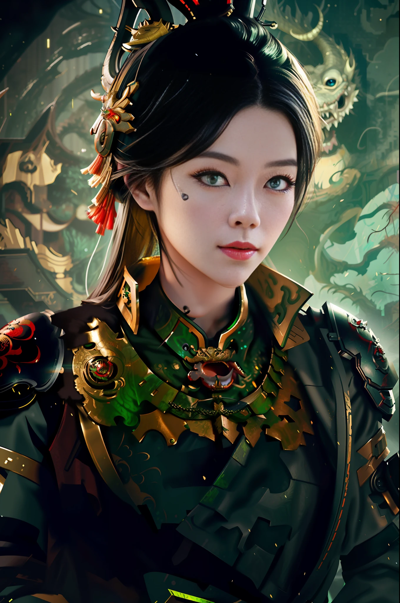 Chinese dragon, black gold armor, detailed portrait of cyberpunk girl with green eyes, dark city background digital art, realistic painting, trend detail on artstation, ultra hd, 8k