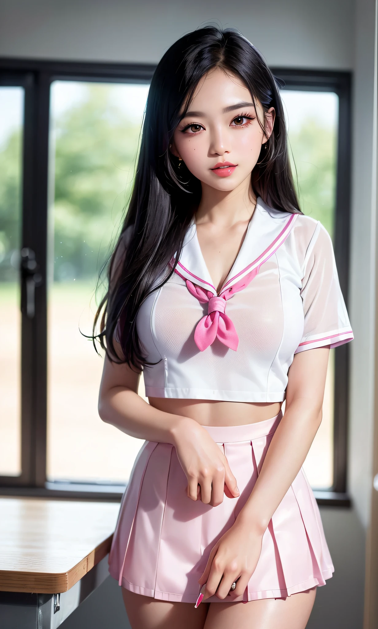 (8k, RAW photo, photorealistic:1.25) ,( lipgloss, eyelashes, gloss-face, glossy skin, best quality, ultra highres, depth of field, chromatic aberration, caustics, Broad lighting, natural shading,Kpop idol) looking at viewer with a serene and goddess-like happiness, highschool classroom, sailor uniform, mini skirt