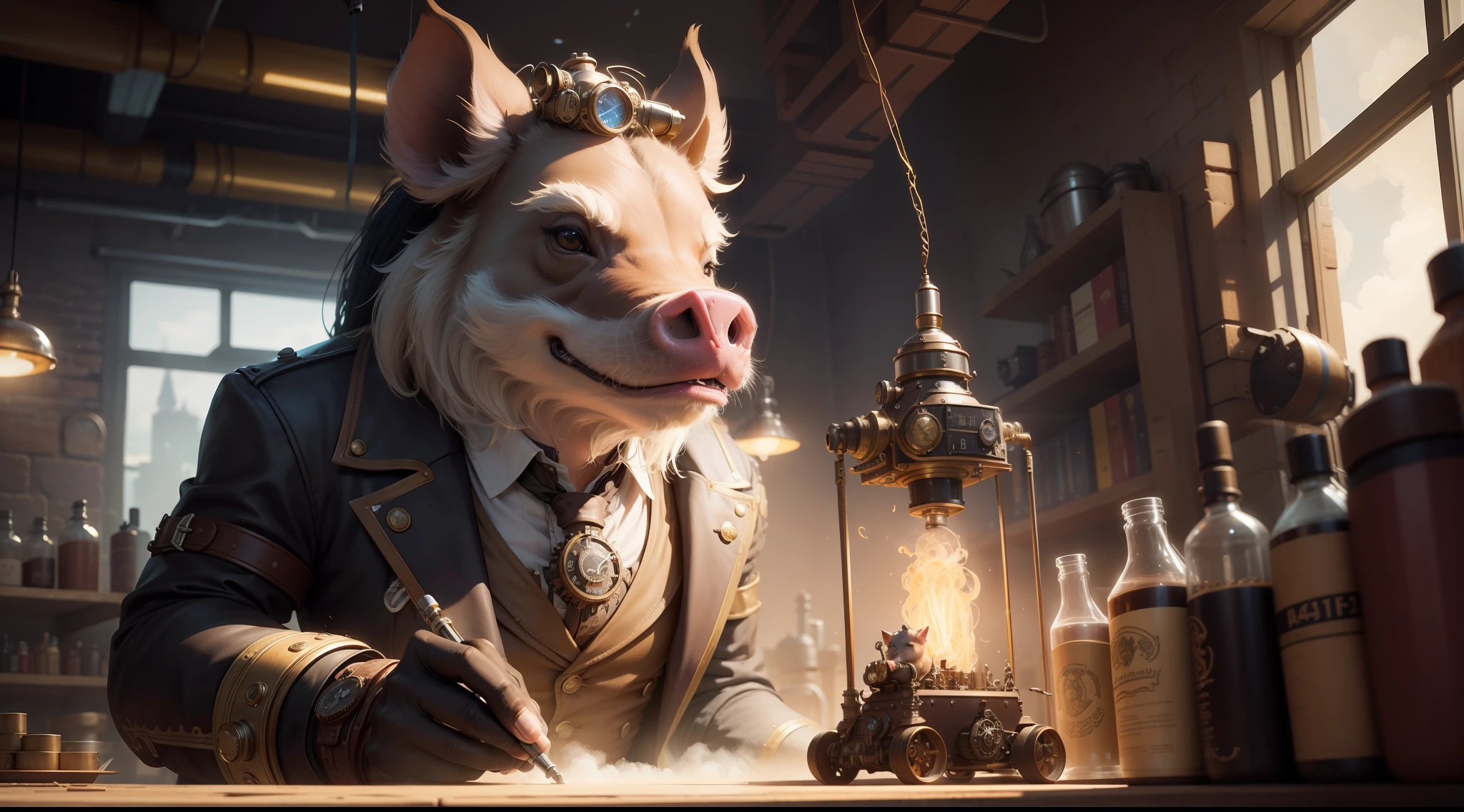 /imagine prompt: illustration of The perfect combination of a Steampunk boar and Flash ,Steampunk::15, A little pig like Lightning Man::15, The laboratory is messy::11, rule of thirds composition::5, profle::10, Unreal Engine::10, beautiful lighting::10, Dramatic light::8, Cinematic light::12, Fantasy::12, hyper quality::5, Futuristic laboratory::10, Steampunk::13, cinematic::6 --seed 33434521 --s 400 --q 2 --c 40