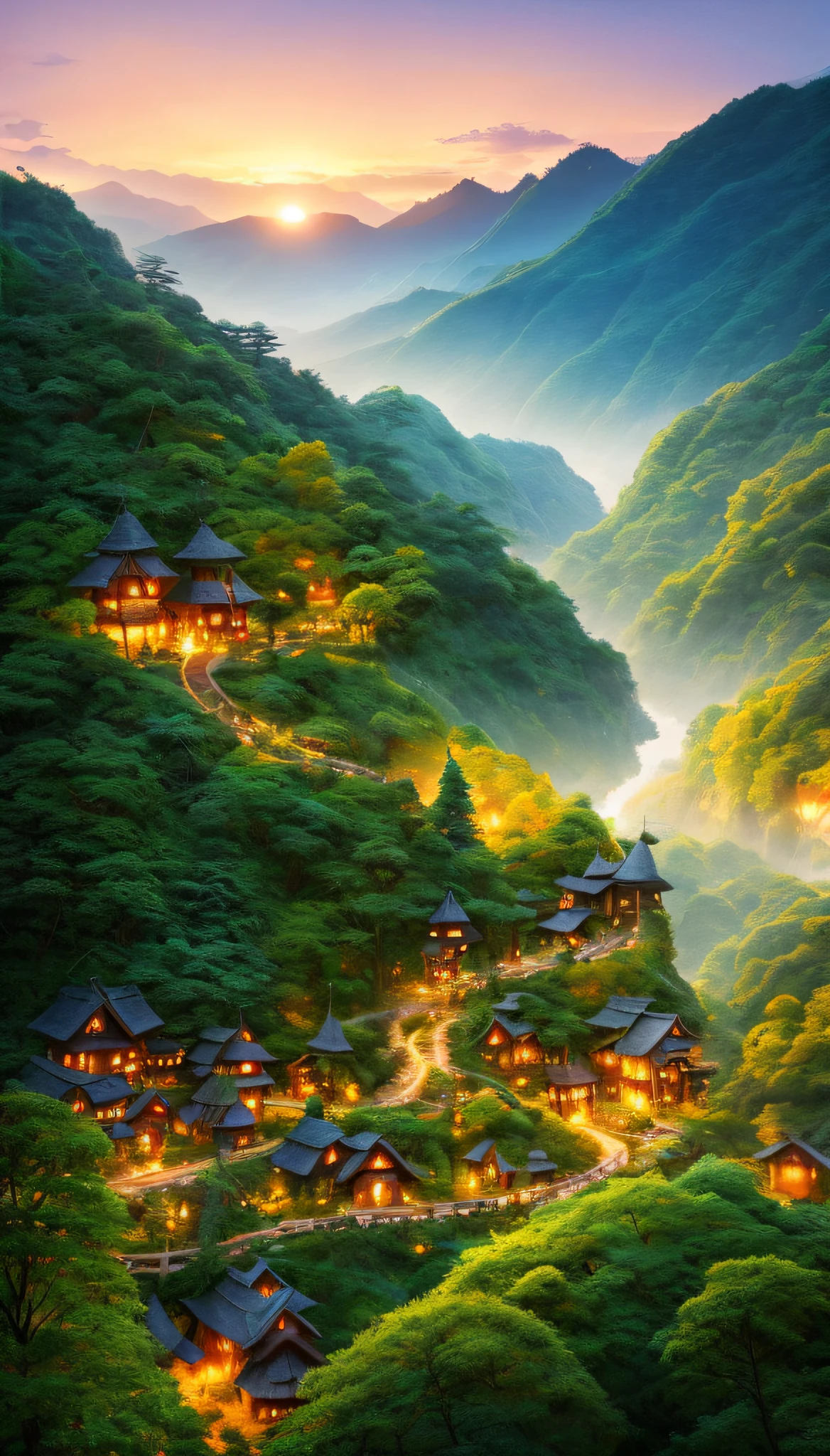 valley, fairytale treehouse village covered, , matte painting, highly detailed, dynamic lighting, cinematic, realism, realistic, photo real, sunset, detailed, high contrast, denoised, centered, hiroo isono