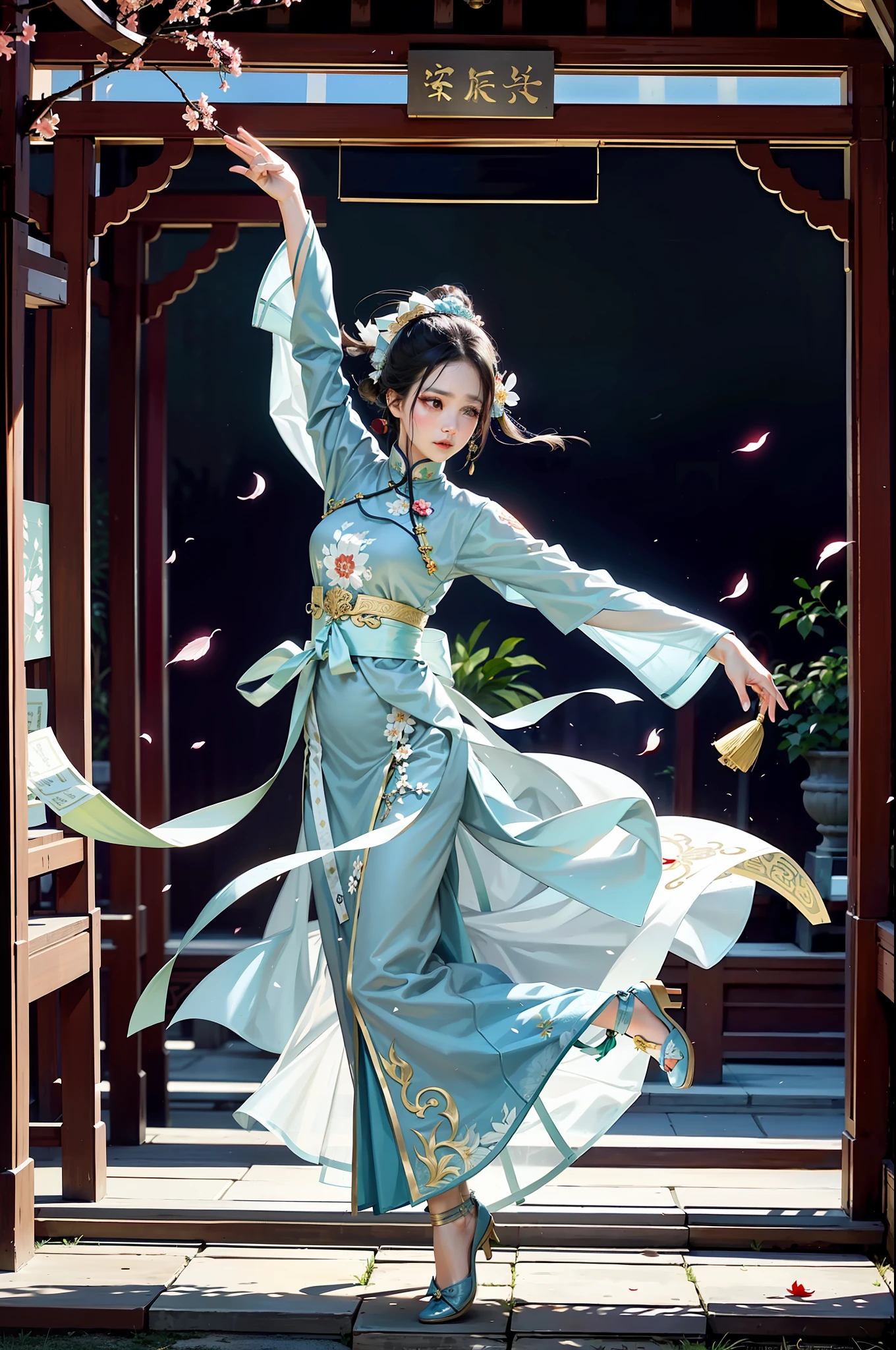 A Chinese woman, dressed in Hanfu, standing in an ancient garden, dancing, falling petals, leaves, exquisite pavilion, afternoon soft light, particles, UHD, masterpiece, high resolution, high quality, best quality, award-winning, 8k