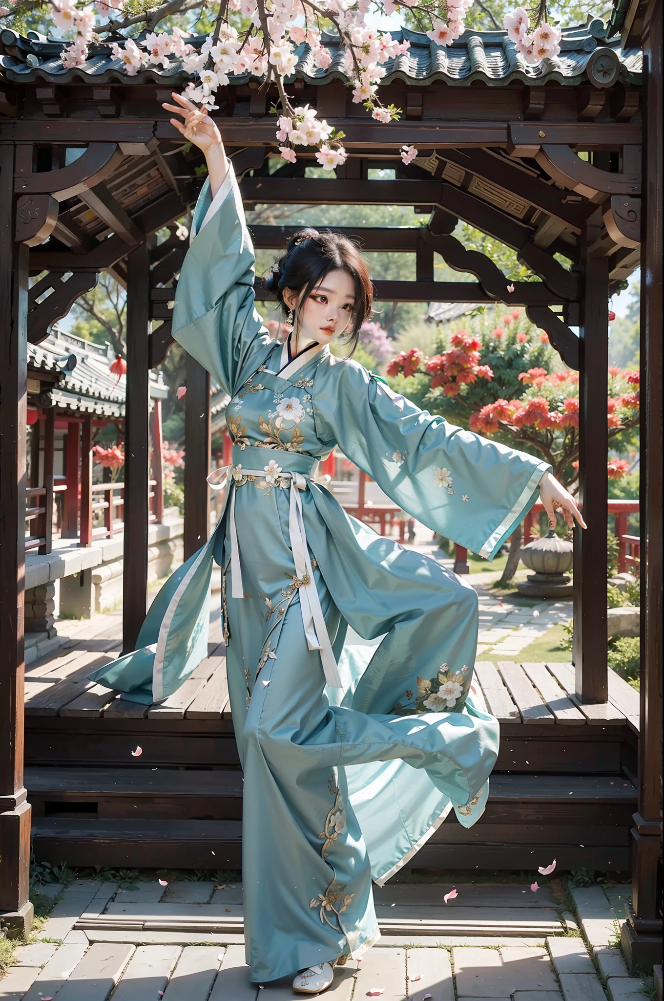 A Chinese woman, dressed in Hanfu, standing in an ancient garden, dancing, falling petals, leaves, exquisite pavilion, afternoon soft light, particles, UHD, masterpiece, high resolution, high quality, best quality, award-winning, 8k