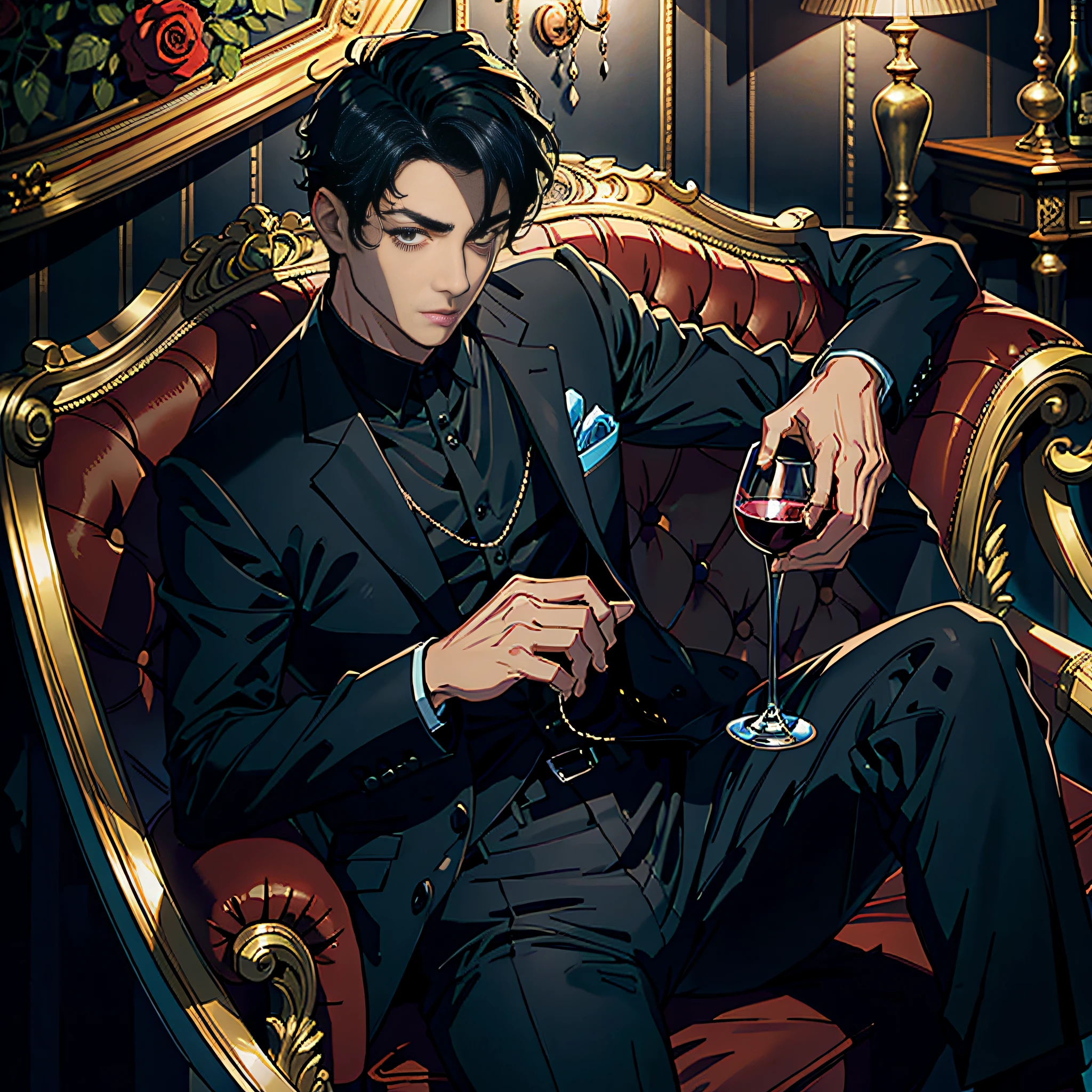 Best quality, most elaborate drawing, 1 man standing sitting on sofa, black suit, short black hair, black eyes, handsome, reddish face, holding a wine glass in his hand
