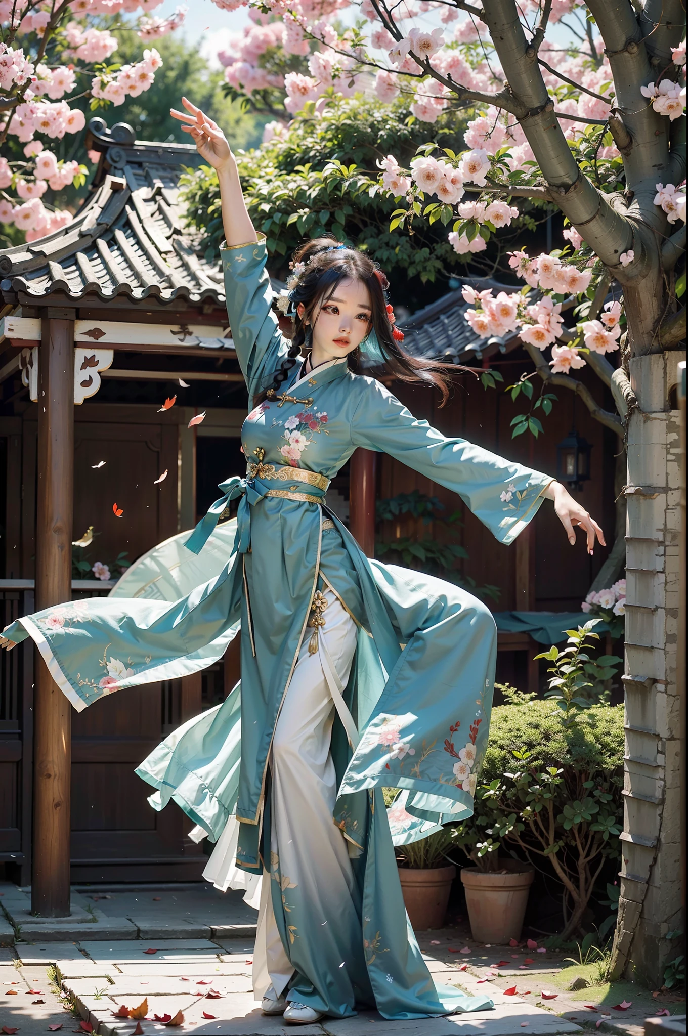 A Chinese woman, dressed in Hanfu, standing in an ancient garden, dancing, falling petals, leaves, exquisite pavilion, afternoon soft light, particles, UHD, masterpiece, high resolution, high quality, best quality, award-winning, 8k