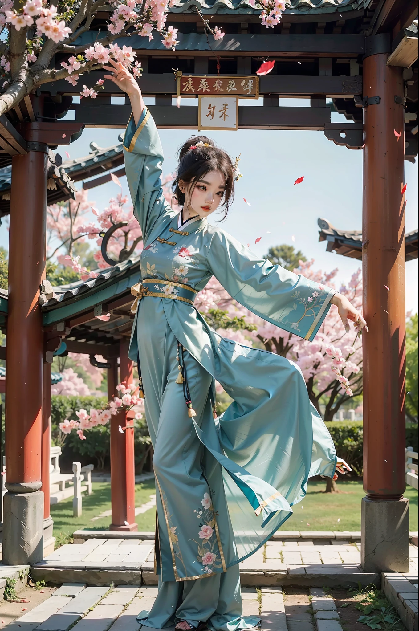 A Chinese woman, dressed in Hanfu, standing in an ancient garden, dancing, falling petals, leaves, exquisite pavilion, afternoon soft light, particles, UHD, masterpiece, high resolution, high quality, best quality, award-winning, 8k