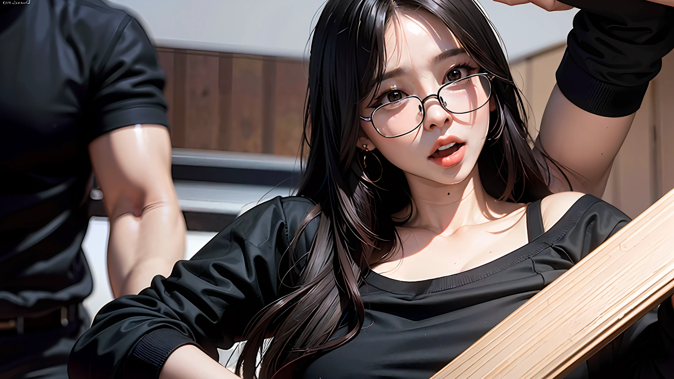 (8K, Best Quality, Masterpiece, Ultra High Definition: 1.2) Asian, Curly, Big Eyes, (detailed_face), Round Glasses, Tight Black Shirt, Selfie, Big Photos: 1.3, Open Mouth, Tongue Out of Mouth, Sexually Aroused Face
