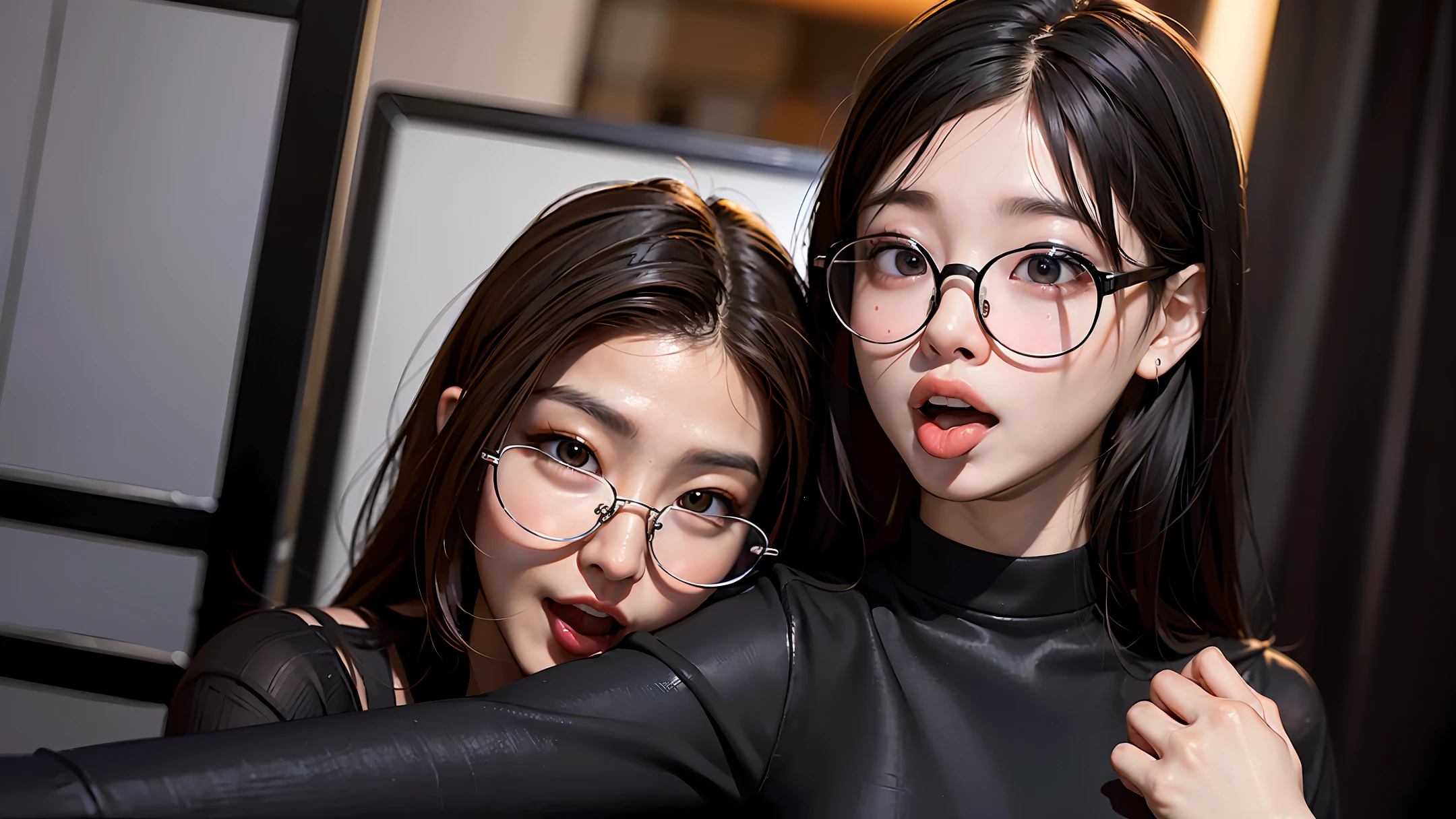 (8K, Best Quality, Masterpiece, Ultra High Definition: 1.2) Asian, Curly, Big Eyes, (detailed_face), Round Glasses, Tight Black Shirt, Selfie, Big Photos: 1.3, Open Mouth, Tongue Out of Mouth, Sexually Aroused Face