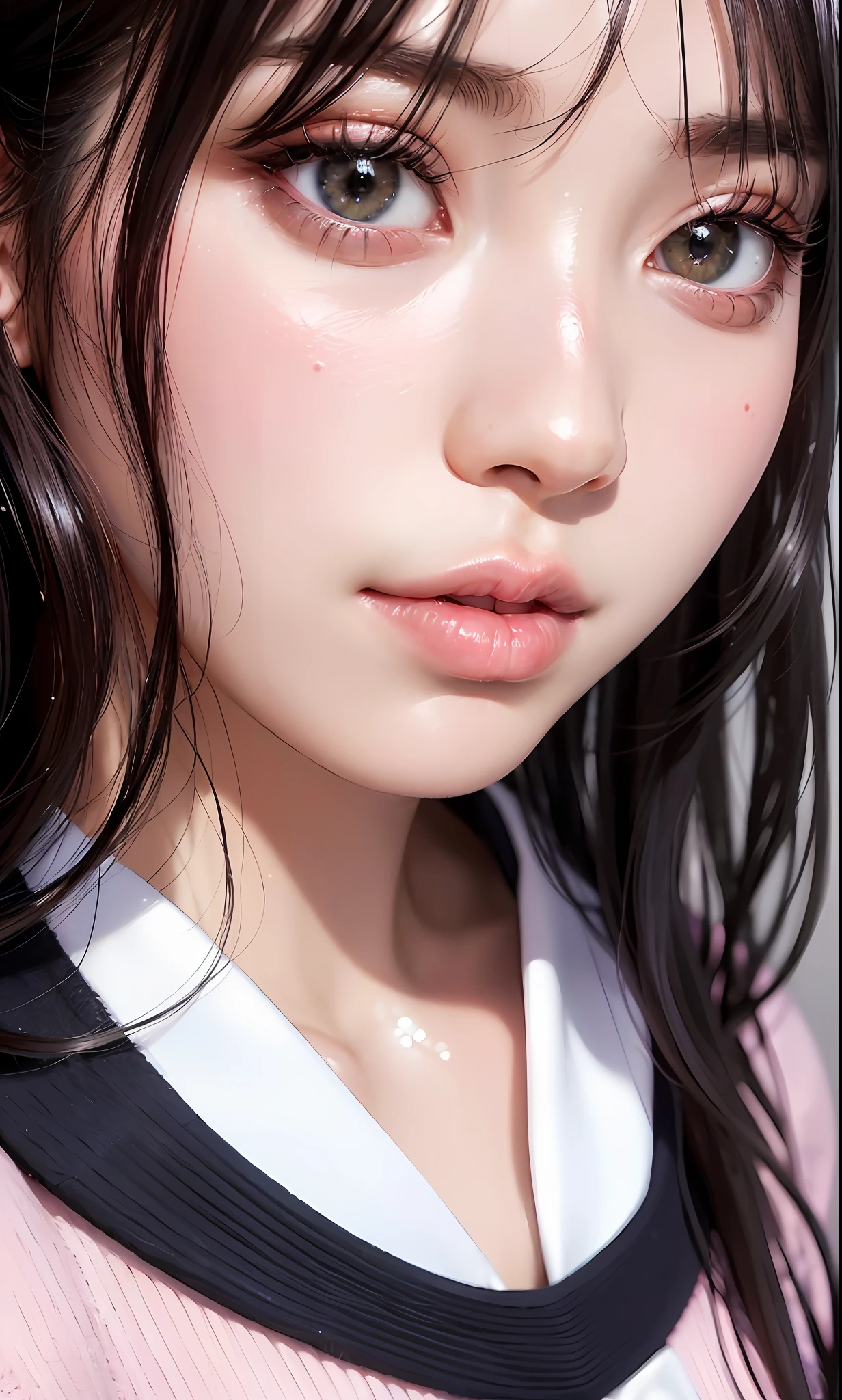 (8k, RAW photo, photorealistic:1.25) ,( lipgloss, eyelashes, gloss-face, glossy skin, best quality, ultra highres, depth of field, chromatic aberration, caustics, Broad lighting, natural shading,Kpop idol) looking at viewer with a serene and goddess-like happiness, highschool classroom, sailor uniform, mini skirt