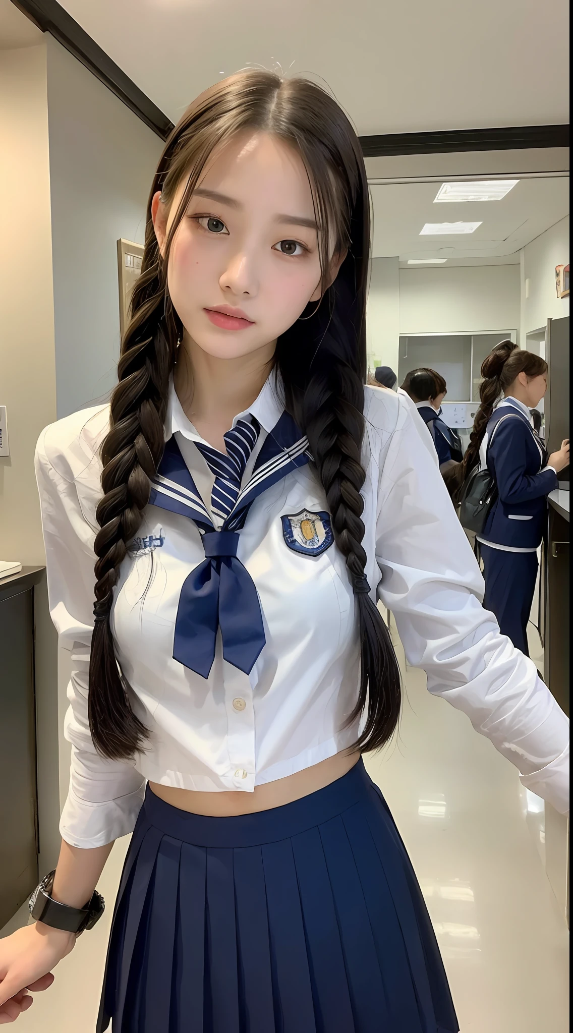 ((Top Quality, 8K, Masterpiece: 1.3)), Sharp Focus: 1.2, Beautiful Woman with Perfect Body: 1.4, Slim Abdomen: 1.2, ((Braided Hair, Large: 1.2)), Beautiful Body: 1.1, Highly Detailed Face and Skin Texture, Elongated Eyes, Detailed Eyes, Single Eyelids, White Skin, School Uniform, Airplane