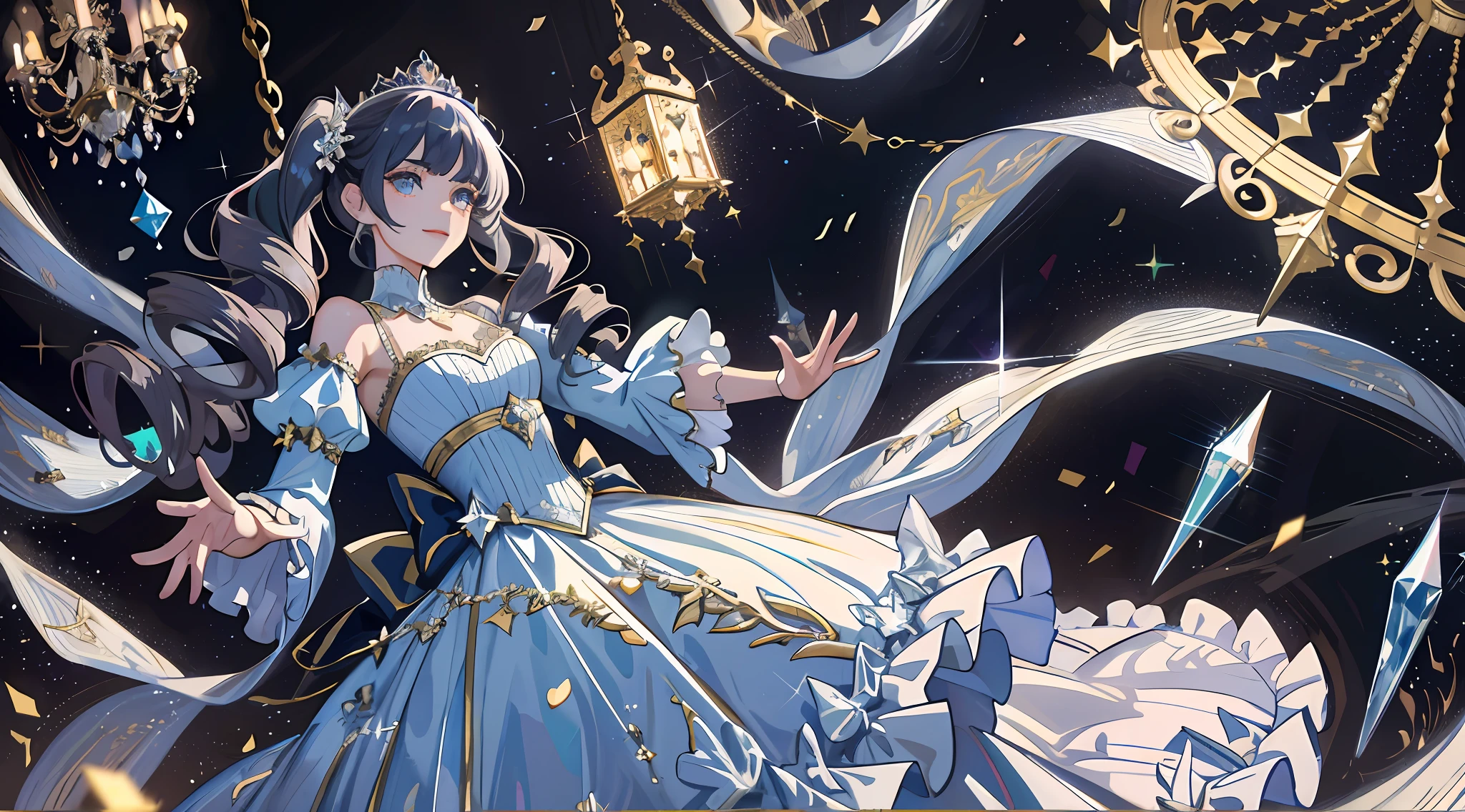 Dramatic composition, court-style dresses, royal, gorgeous, cascading frills, ruffles, bows, crystal chandeliers, Roman curly hairstyles, ponet, double ponytails like drills, look at the camera, bangs, maximalism, palatial background, delicate portrayal of hair and eyes, princess dresses, gorgeous skirts, flowers in hand, smiles, starry eyes, cinematic light, extreme detail, high definition, happy girl, very long hair, diamonds, broken diamonds, crystal fragments, light particles