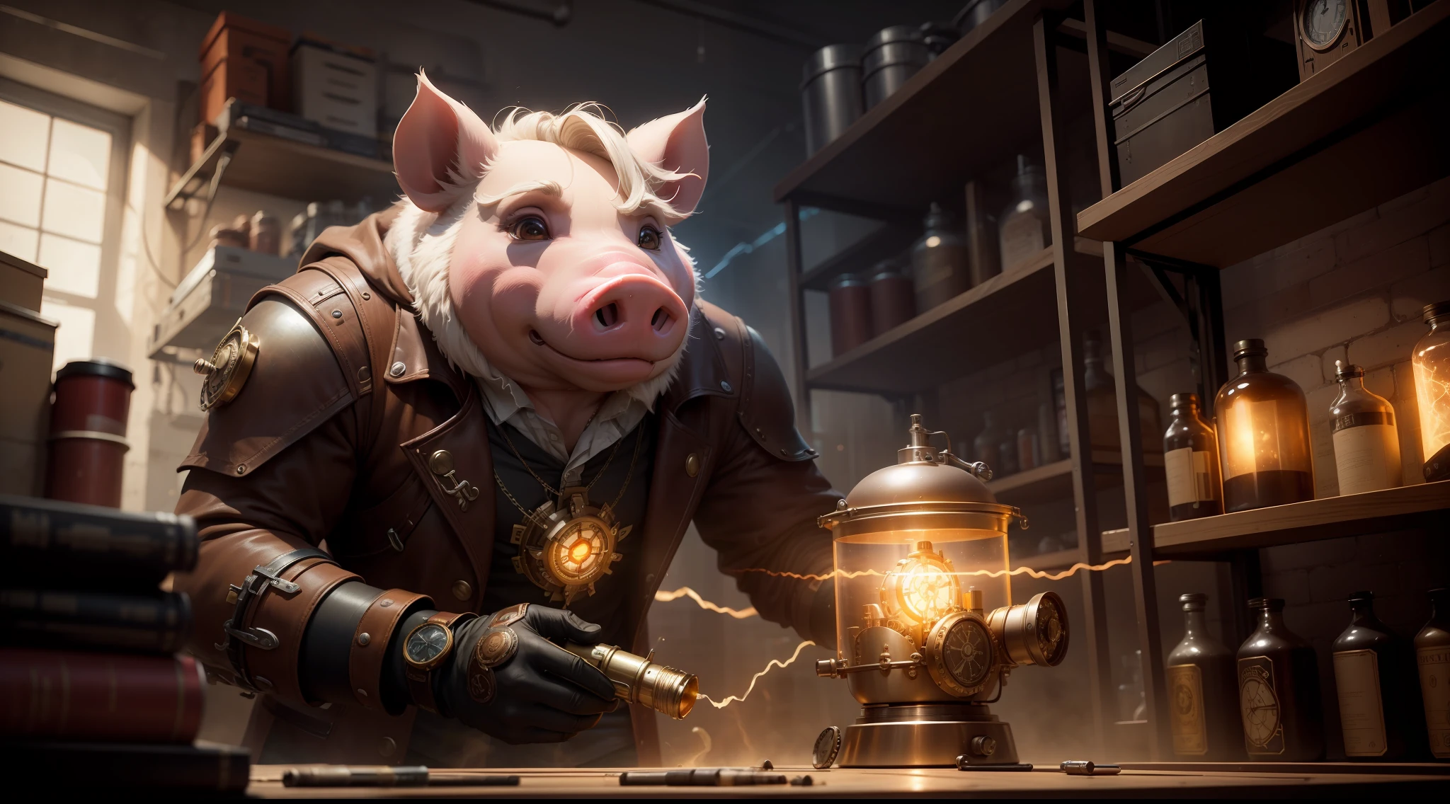 /imagine prompt: illustration of A perfect combination of Steampunk pig and Flash ,Flash Man::15, Like the little pig of the Lightning Man::15, The laboratory is messy::11, rule of thirds composition::5, profle::10, Unreal Engine::10, beautiful lighting::10, Dramatic light::8, Cinematic light::12, Fantasy::12, hyper quality::5, Futuristic laboratory::10, Steampunk::13, cinematic::6 --seed 33434521 --s 400 --q 2 --c 40