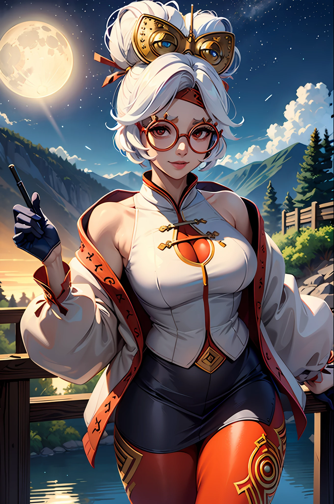 (masterpiece, best quality:1.3), reflections, extremely detailed, extremely detailed CG unity 8k wallpaper, cinematic lighting, detailed background, purah, red glasses, hair ornament, white jacket, sleeveless shirt, black skirt, orange leggings, smile, night, moon, village, forest, mountains, upper body, detalied eyes, starry, stars, cloud, colorful, strry light,star \(sky\)