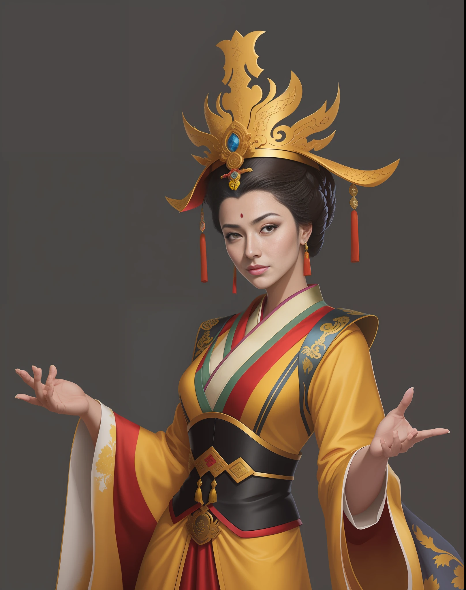 A female emperor in a gorgeous Chinese yellow robe, beautiful figure painting, Tang Dynasty female emperor, serious expression, Wu Zetian, palace, girl in gorgeous costume, Guwiz style artwork, Hanfu, Guwiz, wearing ancient Chinese costume, pattern of flowers on clothes, beautiful anime portrait, traditional beauty, inspired by Max Magnus Norman, complete portrait of an electronic master, inspired by Jean Bello, Nicolas Tesla, Gillum Pongiruppi, portrait of a character, Luis Ricardo Farero, Epic elegant portrait, Santiago Martínez Delgado, Frank Xavier-Linedecker style digital figure concept art, science illustration, Magali Villeneuve, Walt Disney, texture of more brushstrokes, simplified and stylized portrait, American comics, animation energy, ambient light is not strong, photo texture on costumes is not strong, hand drawn