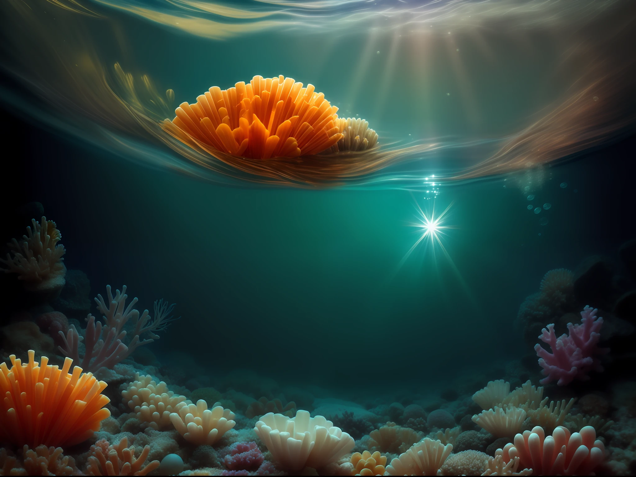 Underwater World (1.6), Warm Light, Bright Sun, Bright, Ground, Shells, In the Pacific Ocean (Ocean: 1.1) (Partially Submerged Shot: 1.2), Dream Light Effects, Trends on Art Station, Very Detailed, Fine Detail, (Lens Flare: 0.9),