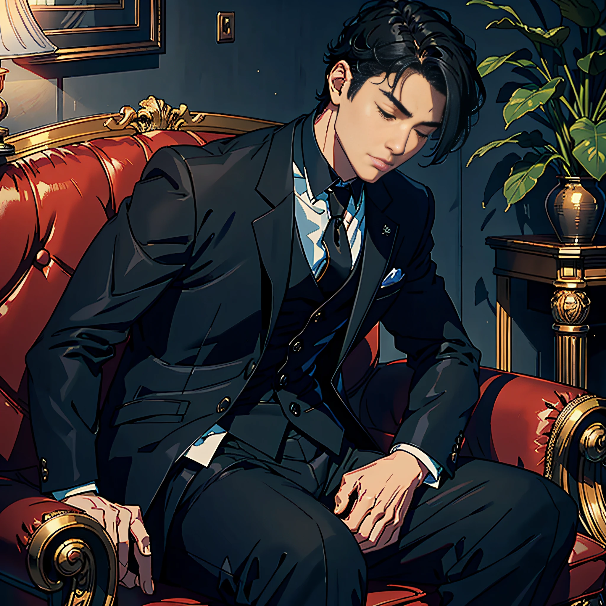Best quality, most elaborate drawing, 1 man standing sitting on sofa, black suit, short black hair, black eyes, handsome, reddish face, eyes closed, asleep