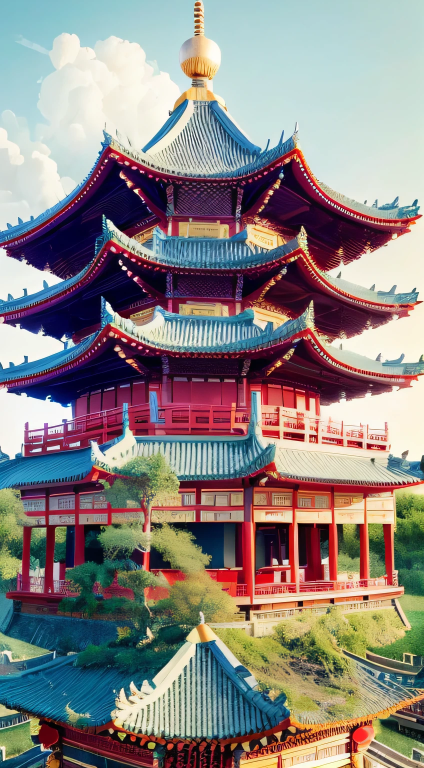 Ancient Architecture, Loulan Ancient Kingdom, Chinese Style, Pavilions, Wonderland, Cyberpunk Chinese Architecture, Ross Tran. Landscape background, WLOP and Ross Tran, Gouviz style artwork, Andreas Rocha style, inspired by Andreas Rocha, illustrated matte painting, digital painting of the pagoda, WLOP style, 8K high quality detail art, beautiful digital artwork, Sylvain Sarrell and Igor Mosky --auto --s2