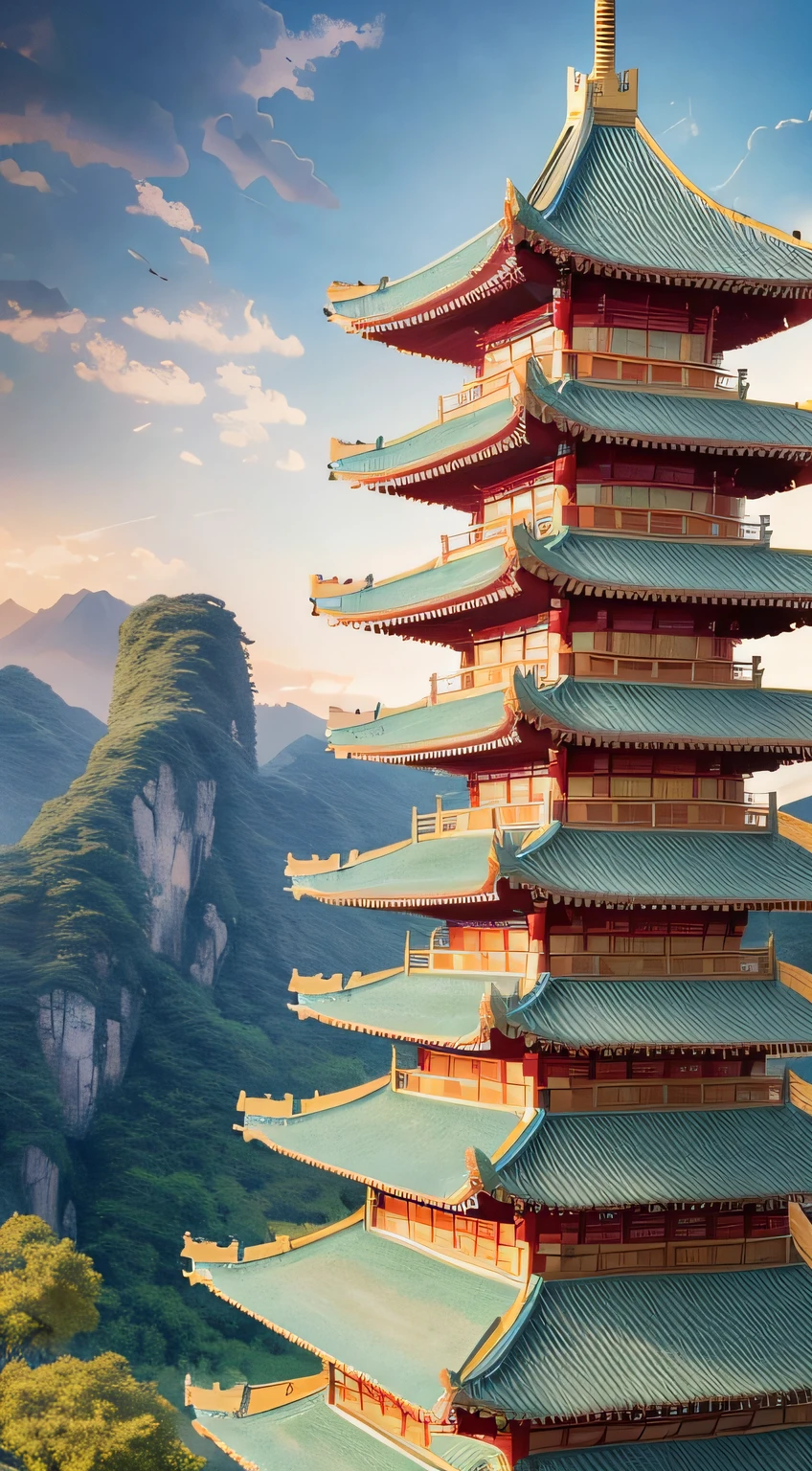 Ancient Architecture, Loulan Ancient Kingdom, Chinese Style, Pavilions, Wonderland, Cyberpunk Chinese Architecture, Ross Tran. Landscape background, WLOP and Ross Tran, Gouviz style artwork, Andreas Rocha style, inspired by Andreas Rocha, illustrated matte painting, digital painting of the pagoda, WLOP style, 8K high quality detail art, beautiful digital artwork, Sylvain Sarrell and Igor Mosky --auto --s2
