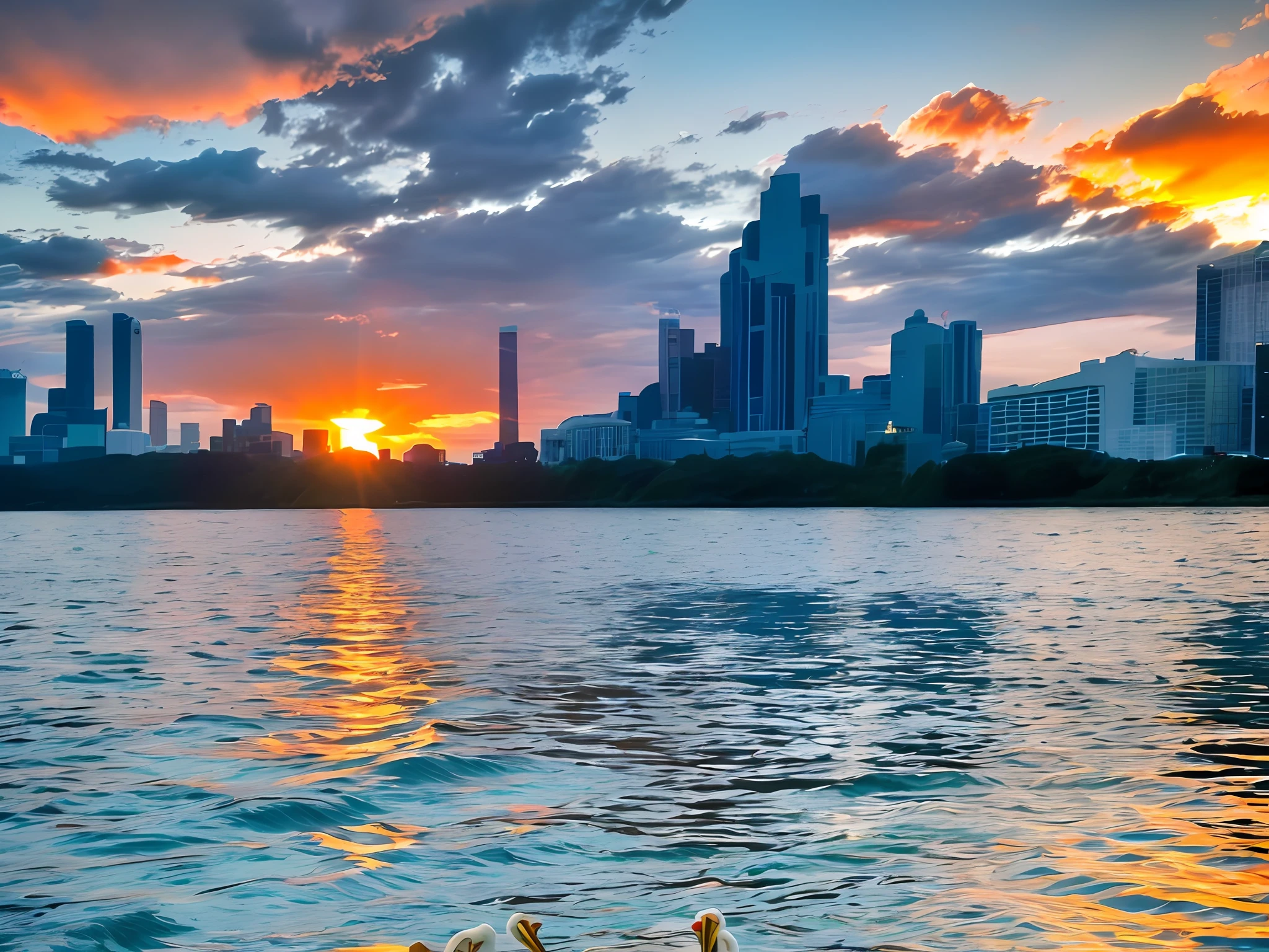 Blue sky, sunset, pelicans swimming in the water