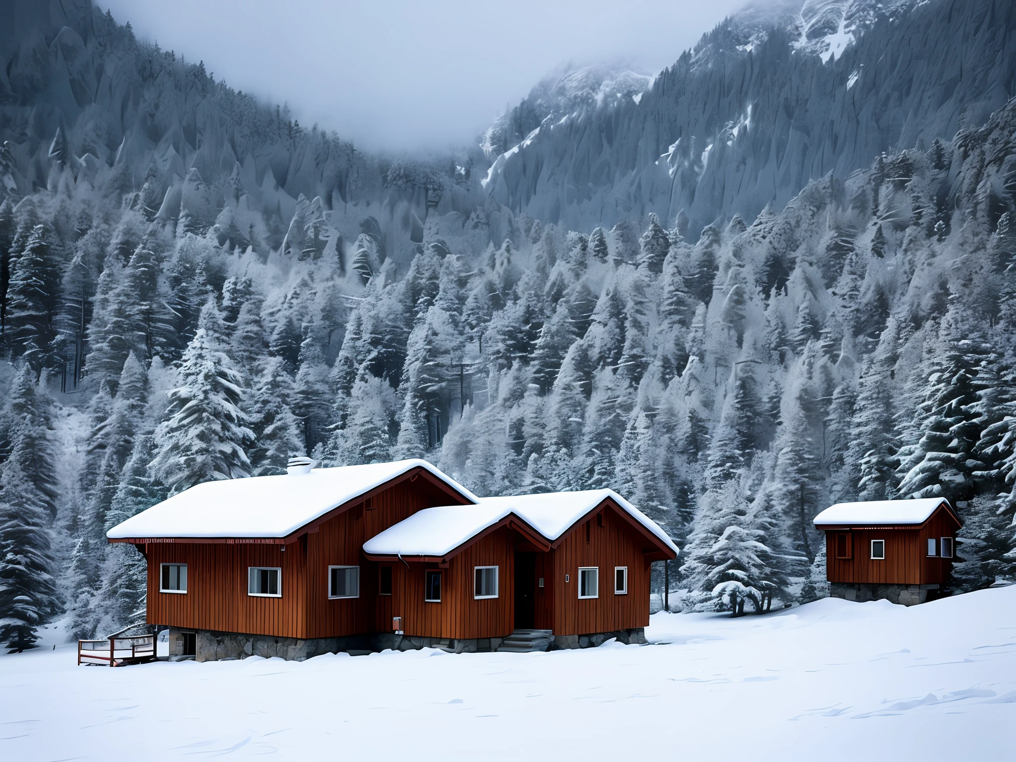 In a snow-covered mountain village, a small house is nestled between distant and near mountains. The white snowflakes are playing and falling gently among the miscellaneous trees, adding a touch of softness and haze to the whole picture. The cyan house and the red windows stand out against the white background, and they convey a little warmth to the world. The mountains in the distance blend into the blue sky, forming a harmonious and beautiful picture, which makes people feel the magic and charm of nature.