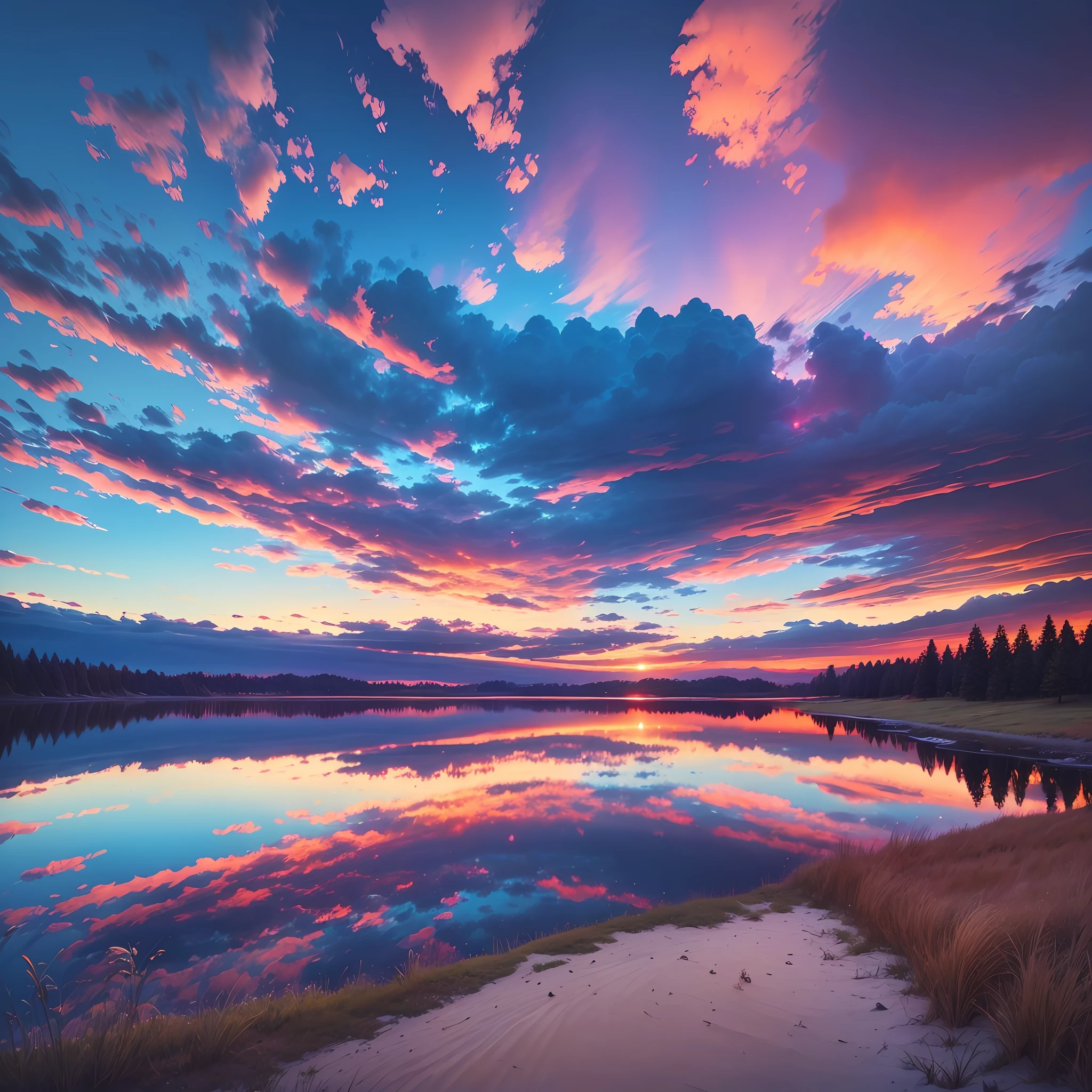 there is a beautiful sunset with a lake and trees in the background, colorful skies, surreal colors, colorful sunset, colorful sky, marvellous reflection of the sky, stunning sky, dream like atmosphere 8k, colorful clouds, colors reflecting on lake, surreal sky, red and blue reflections, fire reflection, beautiful sky, beautiful and spectacular dusk, beautiful dreamy landscape, amazing sky --auto --s2
