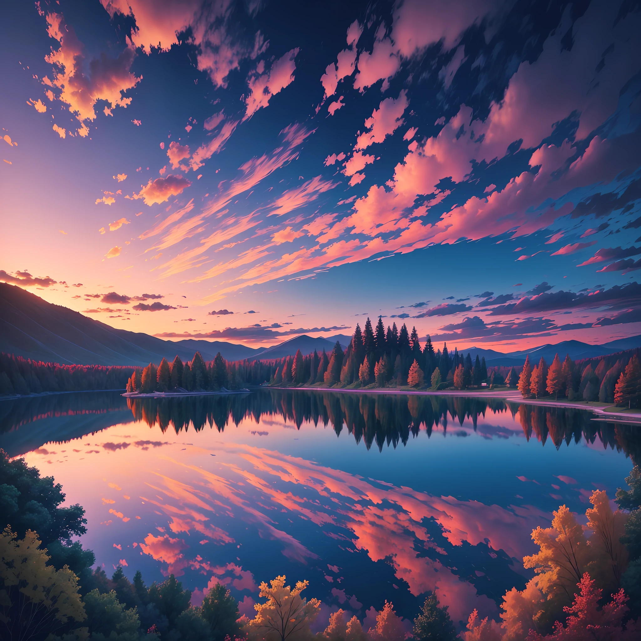there is a beautiful sunset with a lake and trees in the background, colorful skies, surreal colors, colorful sunset, colorful sky, marvellous reflection of the sky, stunning sky, dream like atmosphere 8k, colorful clouds, colors reflecting on lake, surreal sky, red and blue reflections, fire reflection, beautiful sky, beautiful and spectacular dusk, beautiful dreamy landscape, amazing sky --auto --s2