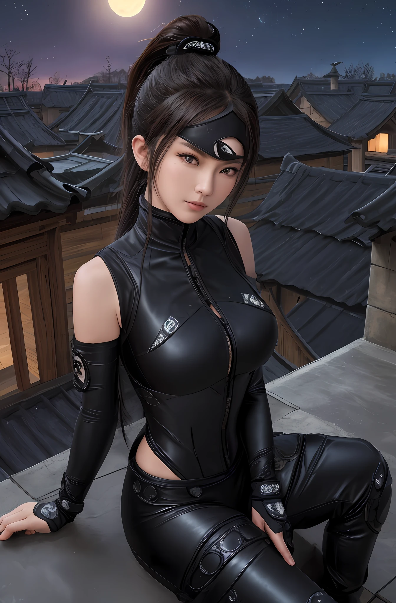 (16k, masterpiece, best quality), ultra-detailed, detailed beautiful round eyes, beautifully detailed face, high quality, high resolution, female ninja sitting on the roof, ninja suit, ninja, village background, nighttime, massive breast, perfect boobs, mature women, ponytail, low ISO, looking into the distance, calm face