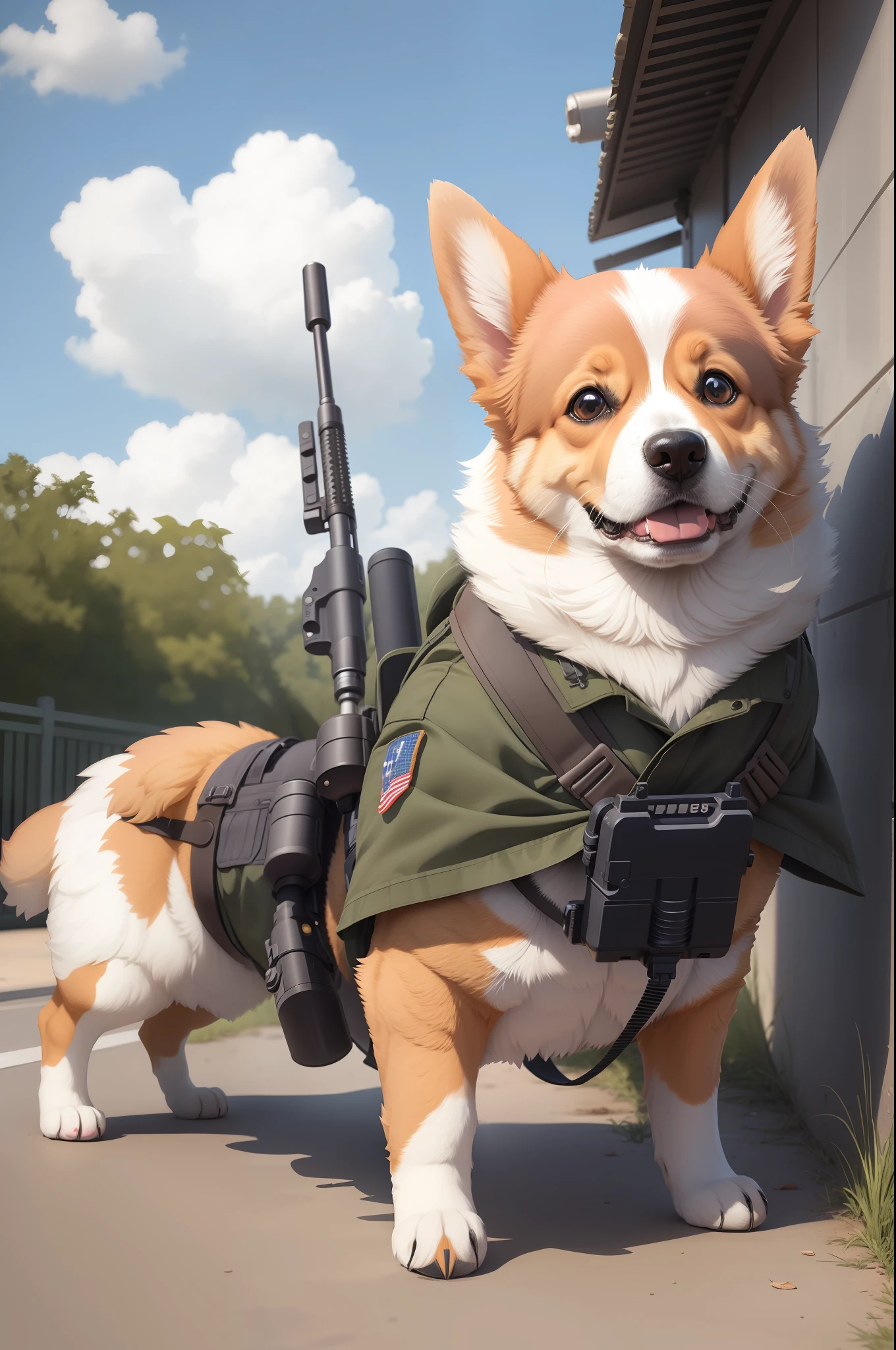 dog, corgi, anime, short body, gun, military, military,uniform, rifle, sky, weapon looking at viewer, masterpiece, best quality,
