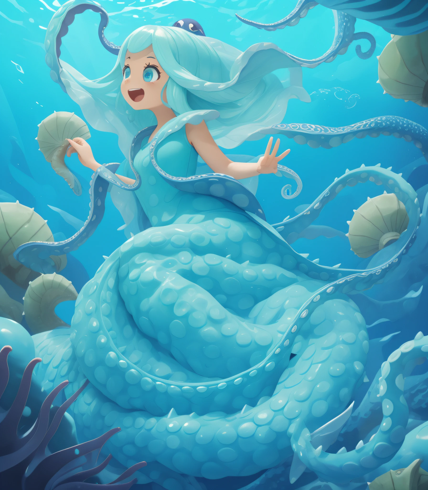 Sea Slime, (monster girl), sky-blue skin, sky-blue tentacles, tan helix-spiraled spiked shell on her back, oval mouth with a four-sectioned, fang-like beak, wearing a blue dress made of tentacles, masterpiece, best quality