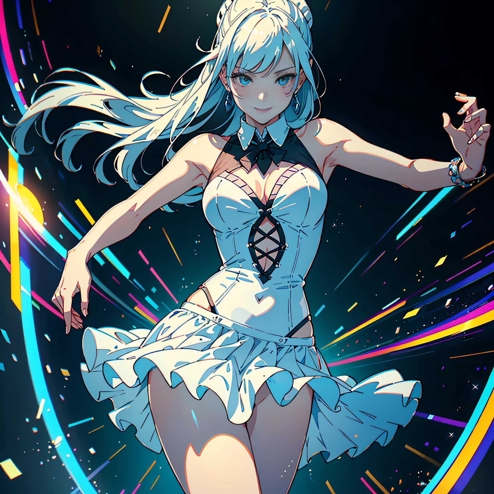 Best quality, most elaborate drawings, 1 girl dancing in the middle of the dance floor, white miniskirt, delicate face, beautiful, energetic, smiling expression