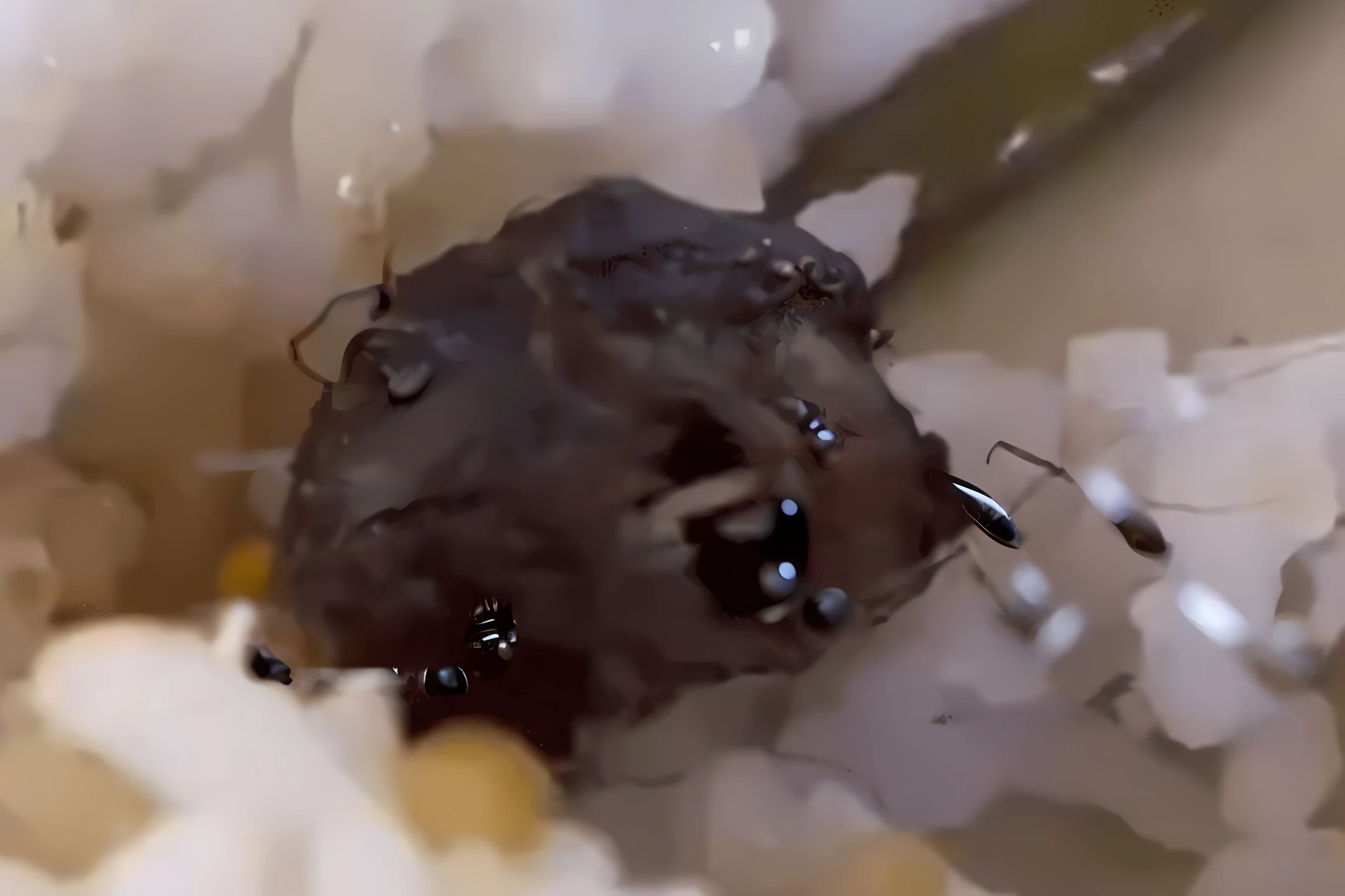 there is a small black object in the middle of rice, that looks like a insect, hatched ear, macro shot head, bug like face, close up of iwakura lain, local close up, creepy macro photo, head macro, antennae on a hestiasula head, macro head face, really close - up shot, he is covered with barnacles