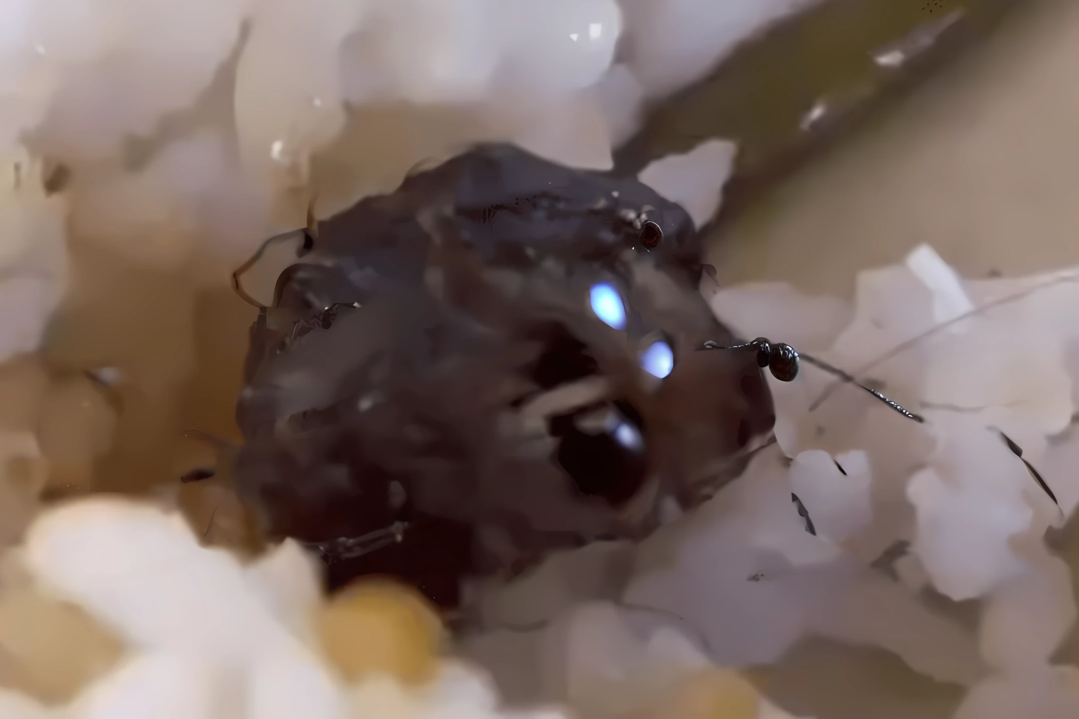 there is a small black object in the middle of rice, that looks like a insect, hatched ear, macro shot head, bug like face, close up of iwakura lain, local close up, creepy macro photo, head macro, antennae on a hestiasula head, macro head face, really close - up shot, he is covered with barnacles