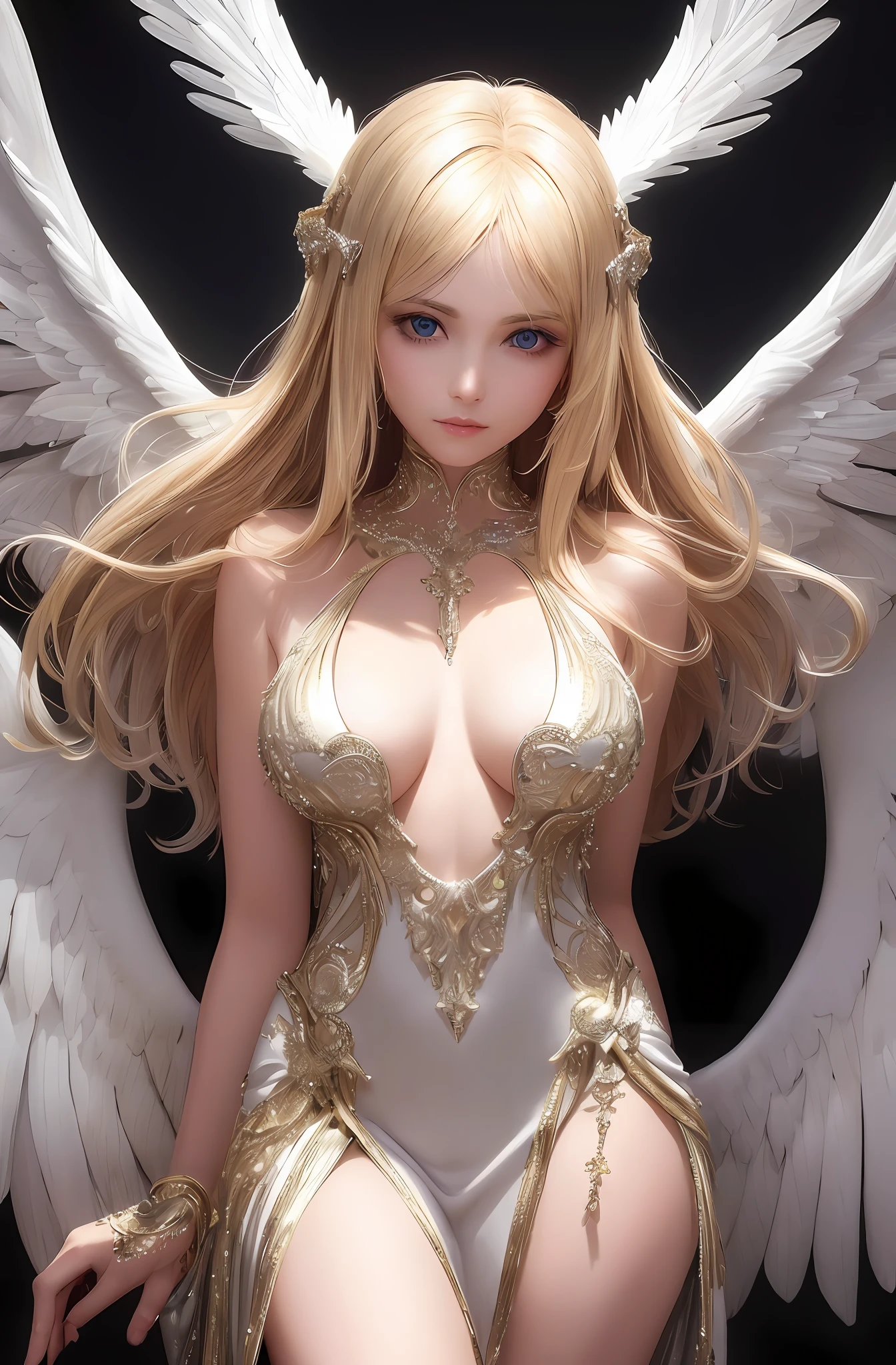 best quality, masterpiece, upper body,
bright highlights, (extremely detailed CG unity 8k wallpaper), handsome young woman, angelic wings, halo,
(Female, woman), long hair, serious, dramatic pose, shiny armor, knight, cinematic lighting, photorealistic, dynamic pose, sharp-focus, Dynamic composition, 80s fantasy art, (photorealistic:1.4), (masterpiece, finely detailed beautiful eyes: 1.2), masterpiece*portrait, realistic, 3d face, glowing eyes, blonde hair,
1920s plunging neckline dress