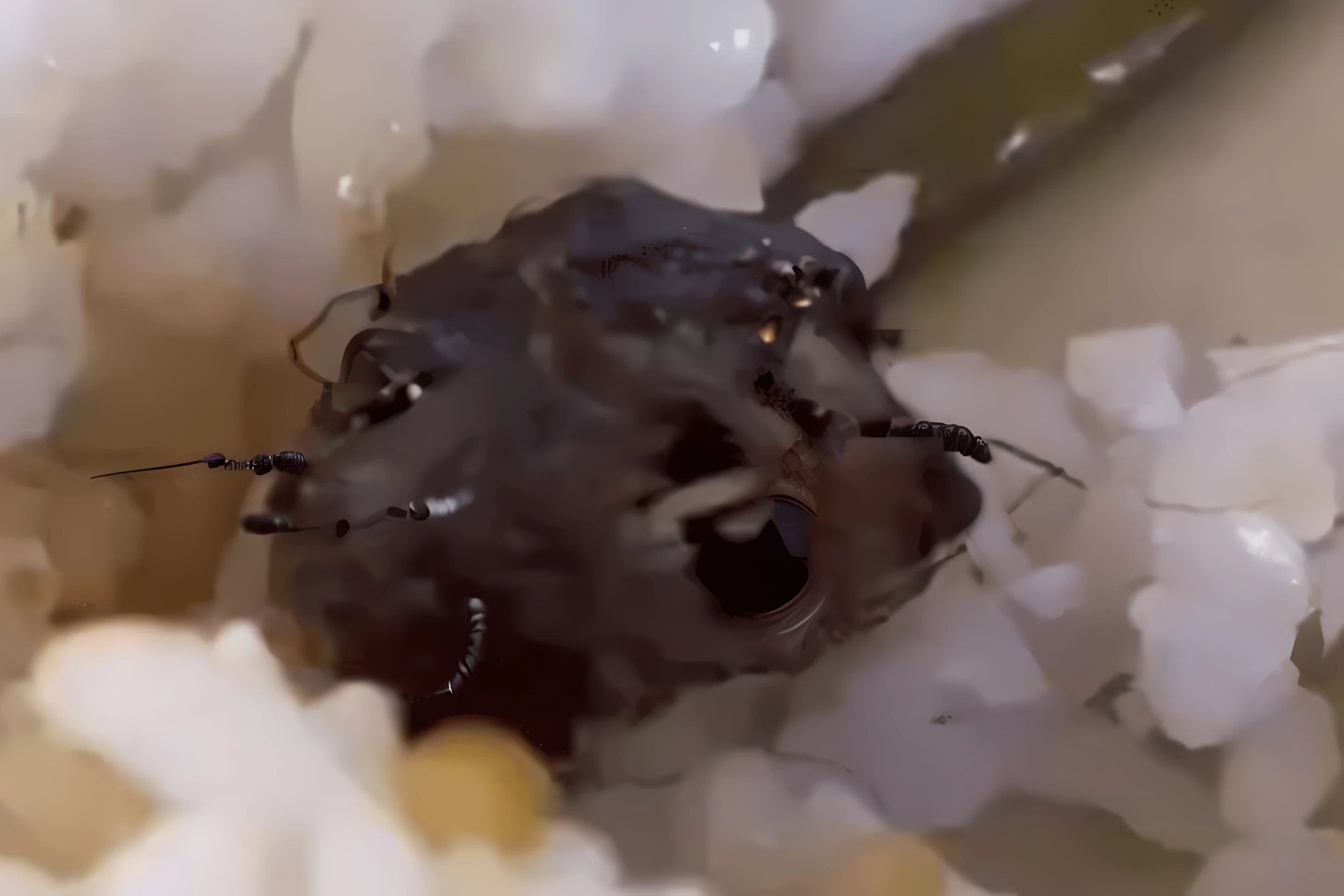 there is a small black object in the middle of rice, that looks like a insect, hatched ear, macro shot head, bug like face, close up of iwakura lain, local close up, creepy macro photo, head macro, antennae on a hestiasula head, macro head face, really close - up shot, he is covered with barnacles