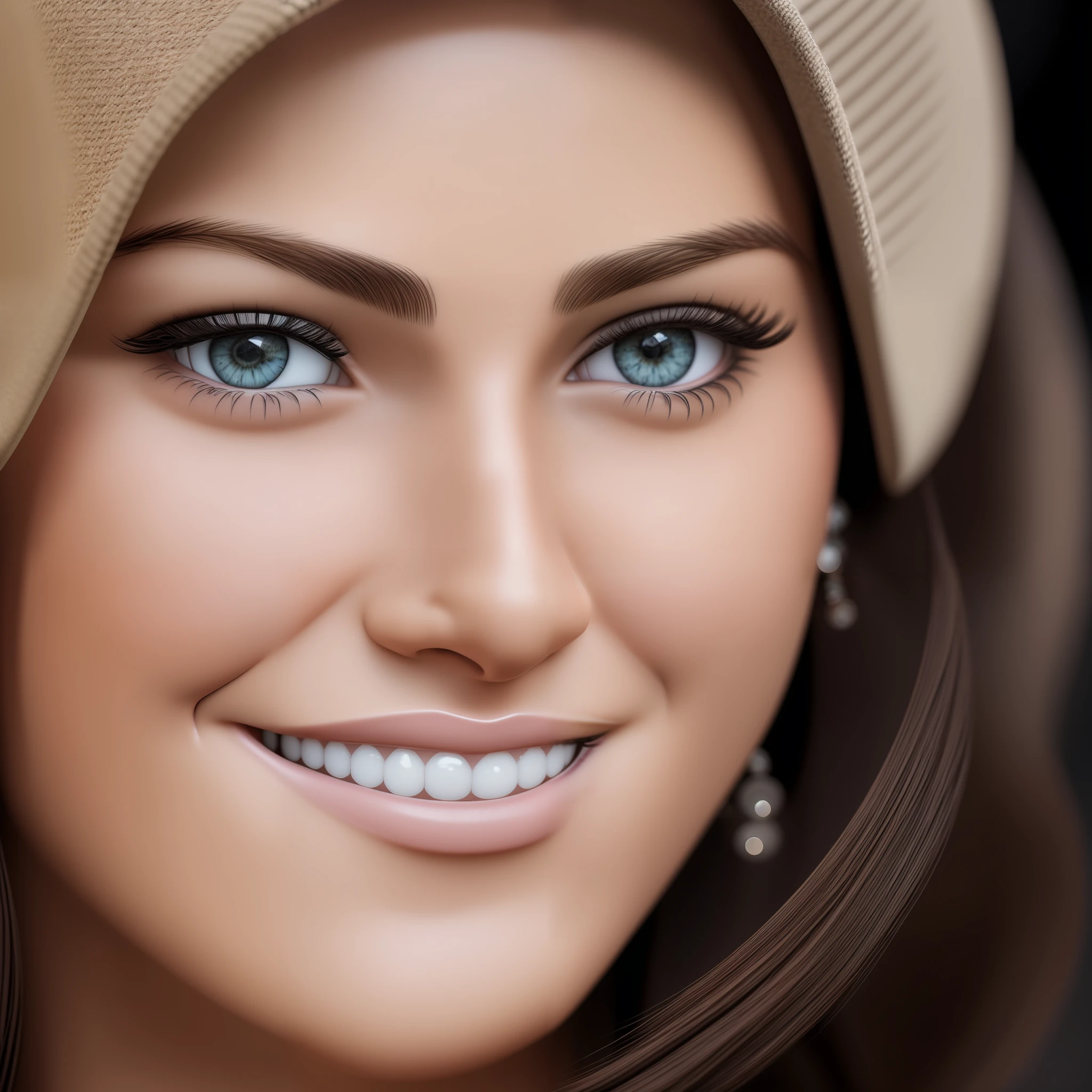 Brunette hair, smile, hat, headlight, realistic, best quality, super high resolution, very detailed eyes and face, earrings, black eyes, hyper-realistic, very detailed clothes, interior, photo grade --auto --s2