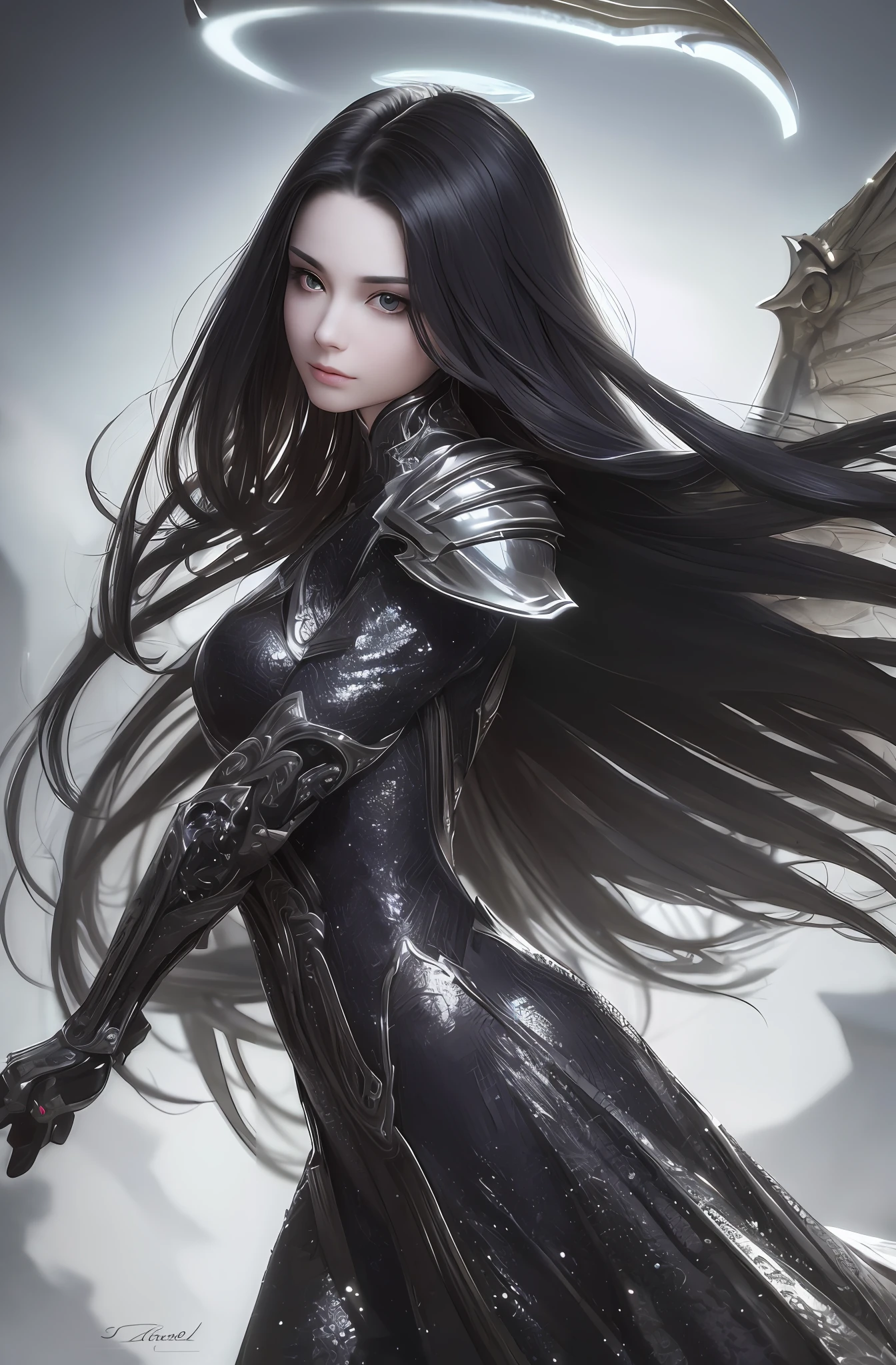 best quality, masterpiece, upper body,
bright highlights, (extremely detailed CG unity 8k wallpaper), handsome young woman, draconic wings, halo,  
(Female, woman), long hair, serious, dramatic pose, shiny armor, knight, cinematic lighting, photorealistic, dynamic pose, sharp-focus, Dynamic composition, 80s fantasy art, (photorealistic:1.4), (masterpiece, finely detailed beautiful eyes: 1.2), masterpiece*portrait, realistic, 3d face, glowing eyes, black hair,
1920s plunging neckline dress