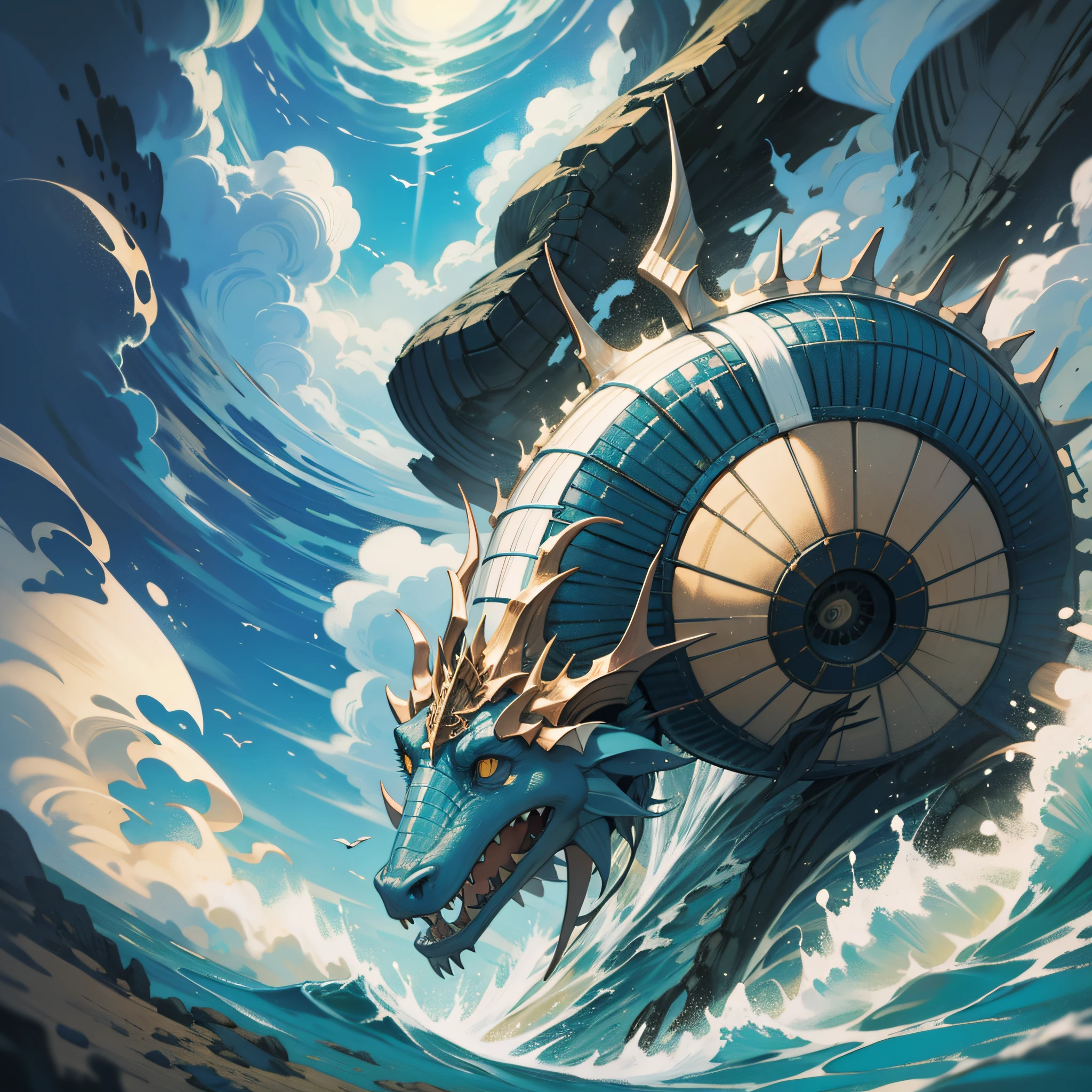Sea beasts, horns, monsters, on the surface of the sea, all over