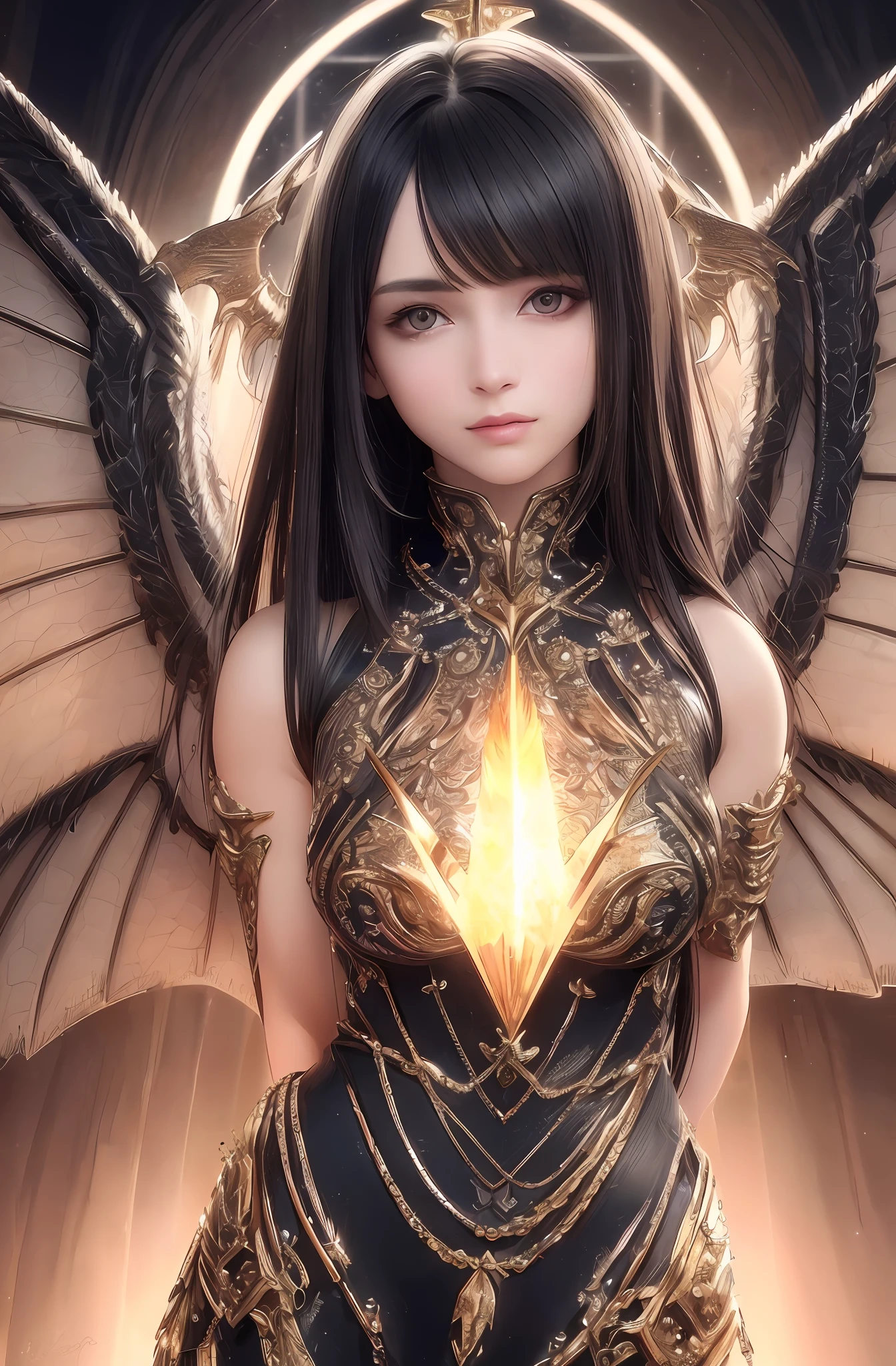 best quality, masterpiece, upper body,
bright highlights, (extremely detailed CG unity 8k wallpaper), handsome young woman, draconic wings, halo,
(Female, woman), long hair, serious, dramatic pose, shiny armor, knight, cinematic lighting, photorealistic, dynamic pose, sharp-focus, Dynamic composition, 80s fantasy art, (photorealistic:1.4), (masterpiece, finely detailed beautiful eyes: 1.2), masterpiece*portrait, realistic, 3d face, glowing eyes, black hair,
1920s plunging neckline dress