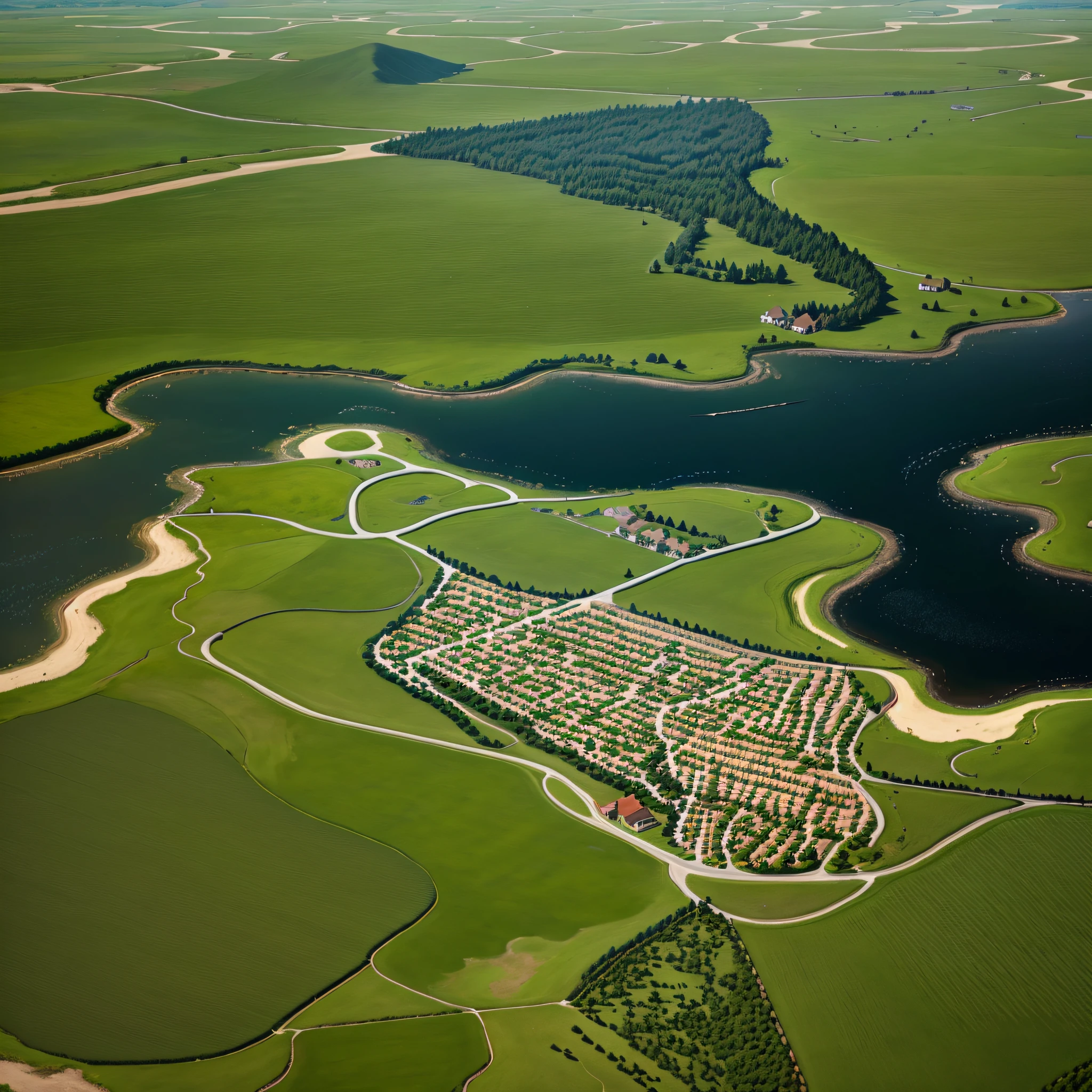 araffes in a field with a river and a forest, steam workshop maps, no trees, hyper detailed, zoom out very far, game map, grassy plains, coastline, highly detailed terrain, an expansive grassy plain, entire city visible, detailed scenery — Width 672, highly detailed maps, simple fantasy maps, r/battlemaps, detailed terrain, rock walls of river channels